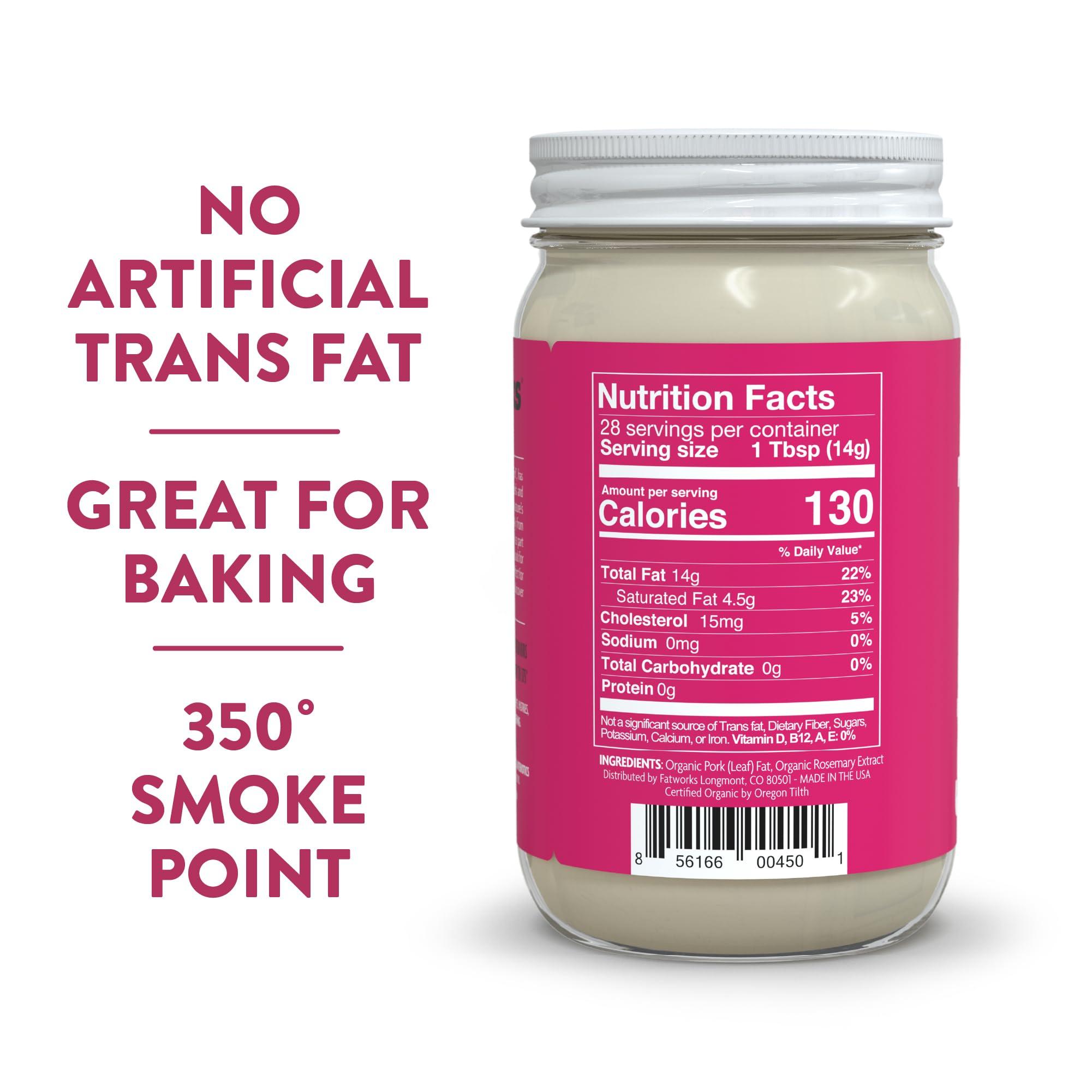 Fatworks Fatworks, Certified Organic Leaf Lard, NON-GMO, USDA 100% Organic for Amazing Traditional Baking, Keto, Paleo, Everyday Cooking and Frying, Whole30 Approved, No Preservatives in Glass Jar, 14 OZ,