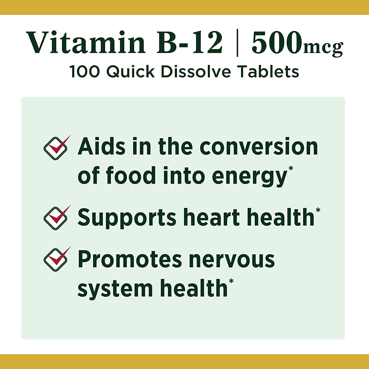 Nature\'s Bounty Nature\'s Bounty Vitamin B12, Supports Energy Metabolism and Nervous System Health, 500mcg, Tablets, 100 Ct (Pack of 2)
