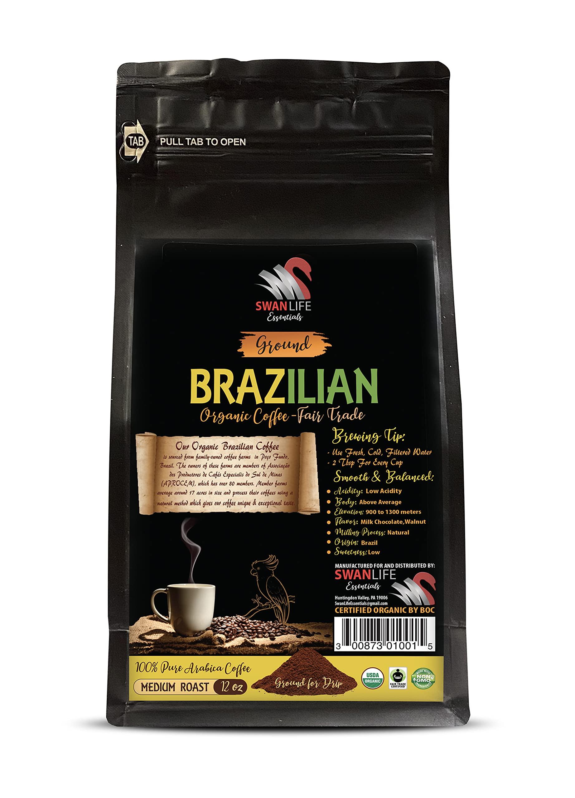 SWAN LIFE ESSENTIALS 100% brazilian coffee - BRAZILIAN GROUND COFFEE ORGANIC, 100% Arabica, Medium Roast, low acidity, Fair Trade, non gmo - organic ground coffee medium roast, 2 Bags (24 Oz)