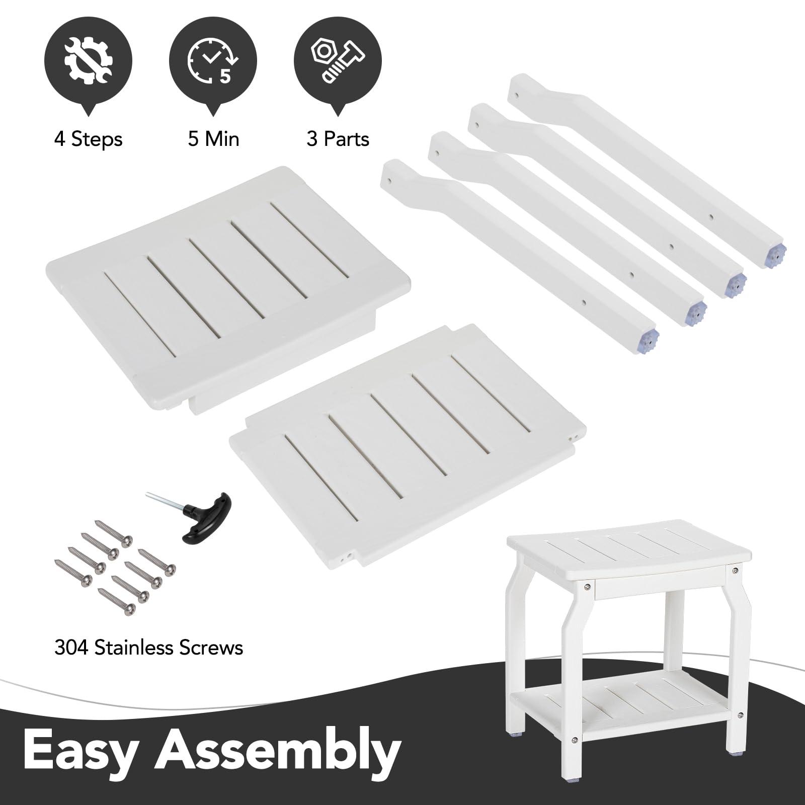 LOENIY LOENIY 2-Tier HDPE Shower Bench with Non-Slip Foot Pads, Wood-Like Spa Shower Stool for Inside Shower, Ergonomic Water-Proof Bathroom Bench Seat with Storage Shelf, for Seniors & Adults (White)