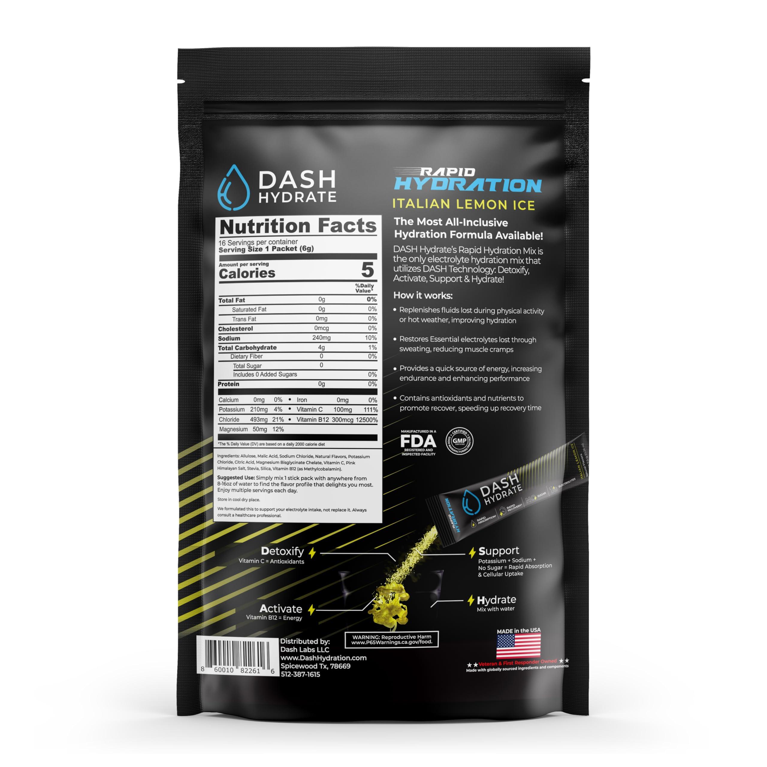 DASH Hydrate Rapid Hydration Electrolyte Drink Mix Packets | Rapid Absorption & Recovery with No Sugar | Variety Pack | 48 ct (16-Italian Ice, 16-Straw and 16-Blue Rasp)
