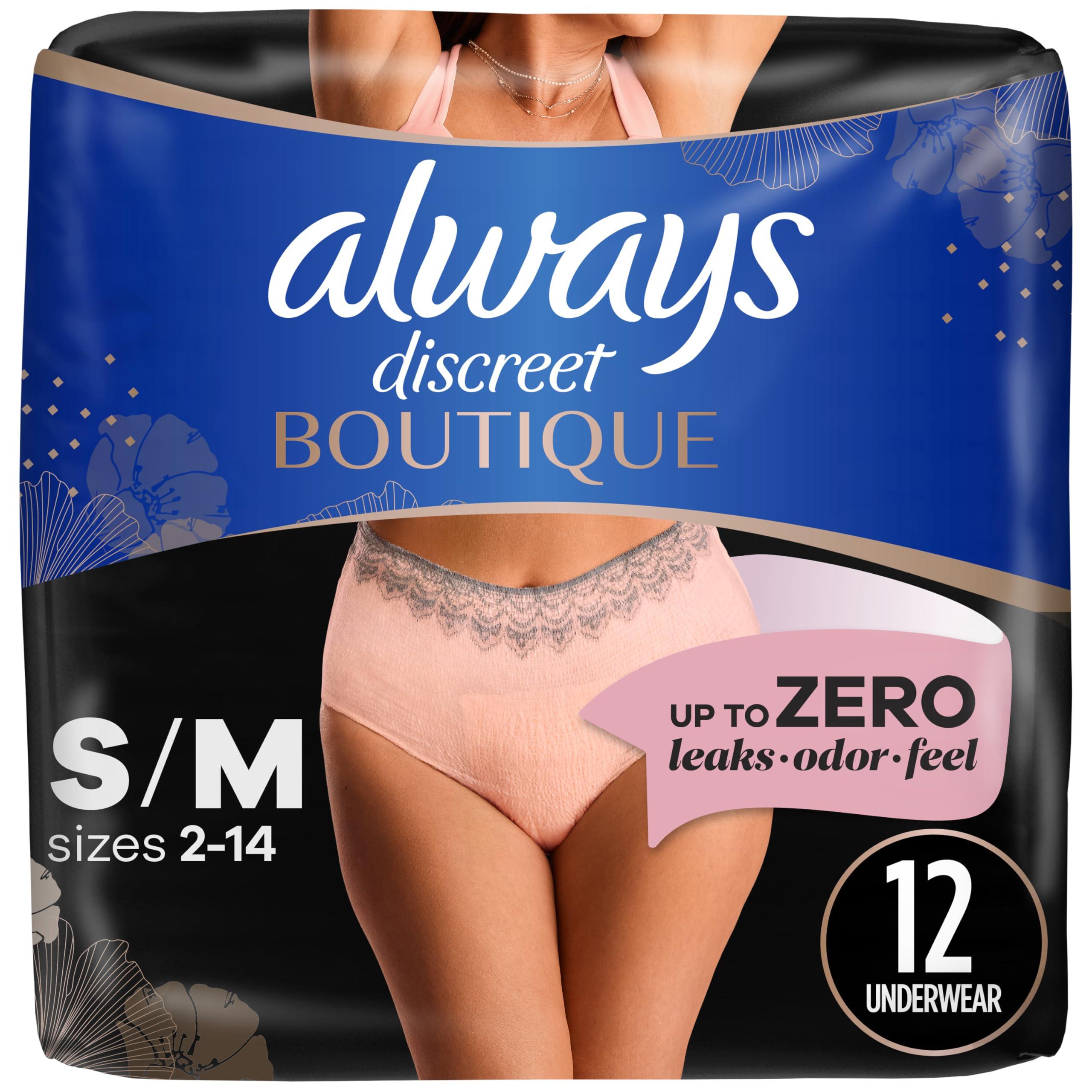 Always Discreet Always Discreet Boutique Adult Incontinence & Postpartum Underwear For Women, High-Rise, Size Small/Medium, Rosy, Maximum Absorbency, Disposable, 12 Count (Packaging May Vary)
