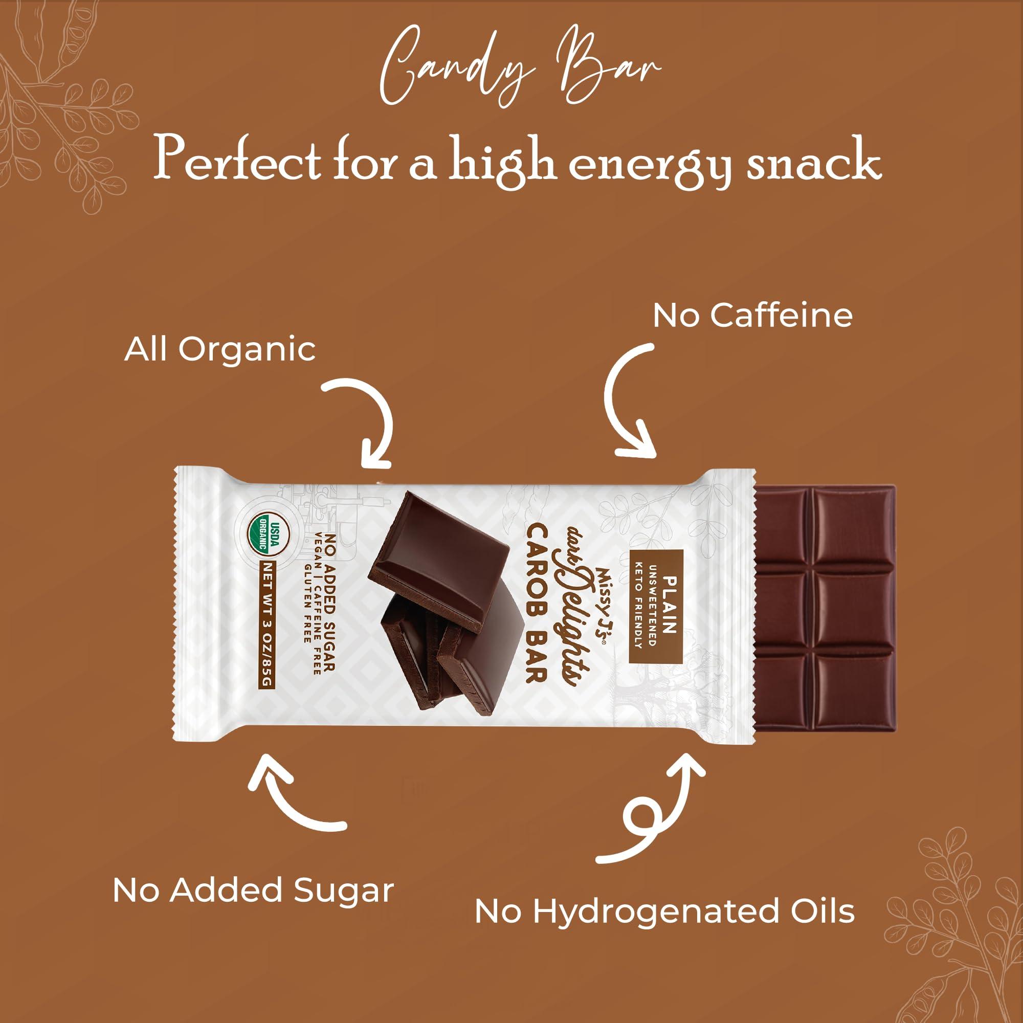 Missy J\'s Missy J\'s Organic Carob Dark Delights Unsweetened Plain Candy Bar 3 Oz 6 Pack, Vegan, Gluten and Caffeine Free, Healthy Substitute for Chocolate, Perfect for Snacks and Treats