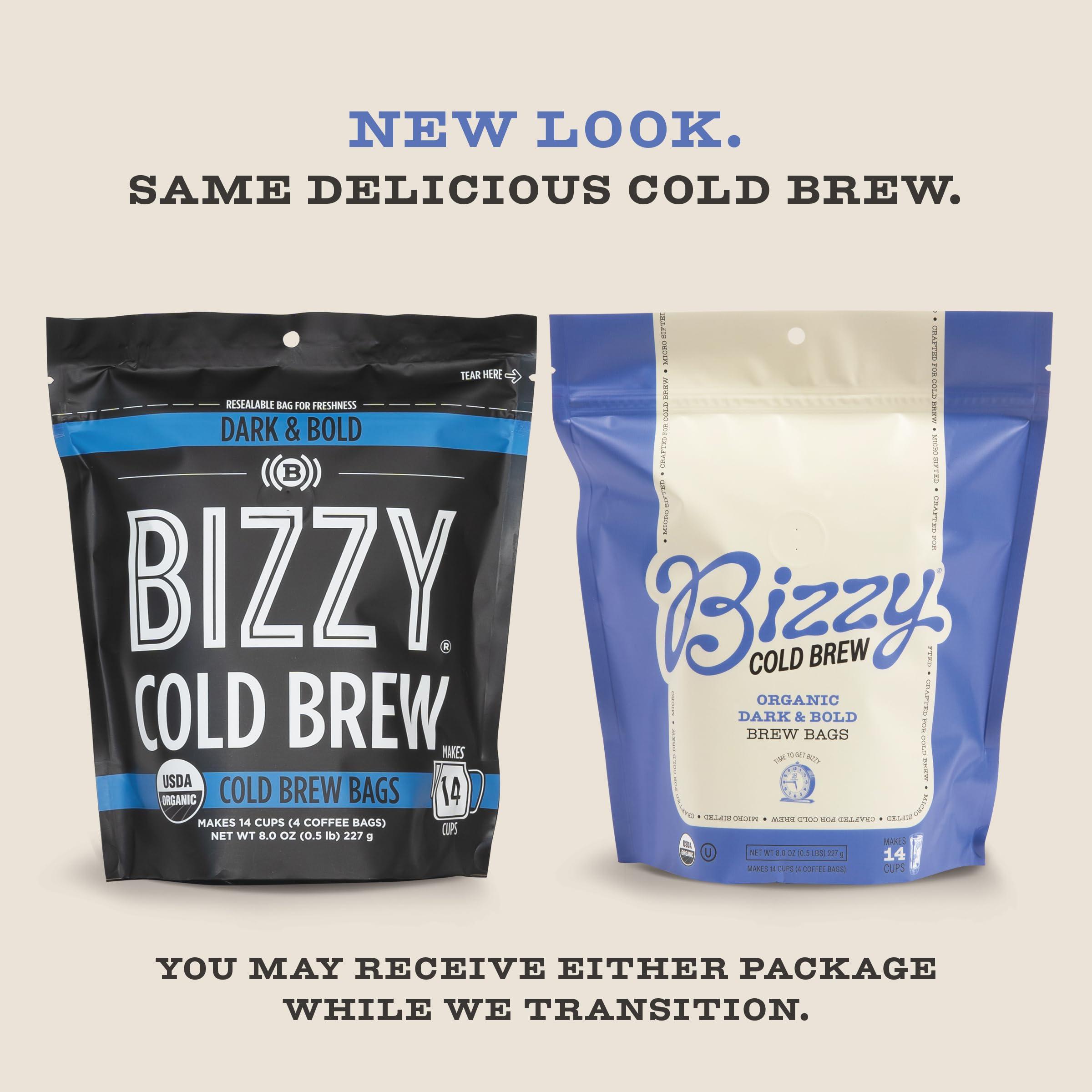 Bizzy Bizzy Organic Cold Brew Coffee | Dark & Bold Blend | Coarse Ground Coffee | Dark Roast | Micro Sifted | Specialty Grade | 100% Arabica | Brew Bags | 4 Count | Makes 14 Cups