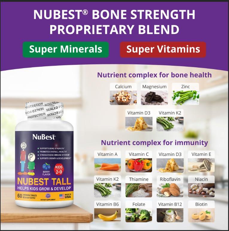 NuBest NuBest Tall Kids - Toddlers Vitamins & Kids Vitamins for Age 2 to 9 - Bone Strength & Immunity Support - Helps Kids, Toddlers Healthy - Animal Shapes - 60 Chewable Berry Tablets | 1 Month Supply