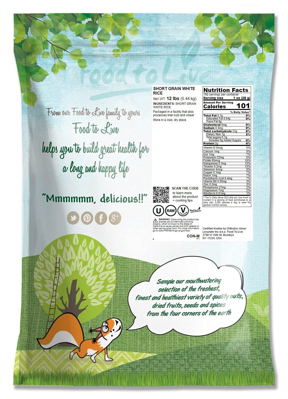 Food to Live Food to Live Short-Grain White Rice, 12 Pounds Premium Japanese Style Short-Grain, Perfectly Sticky, Vegan, Kosher rice. Easy to Cook. Great as a Side Dish. Great for Sushi, Rice Salads, Desserts