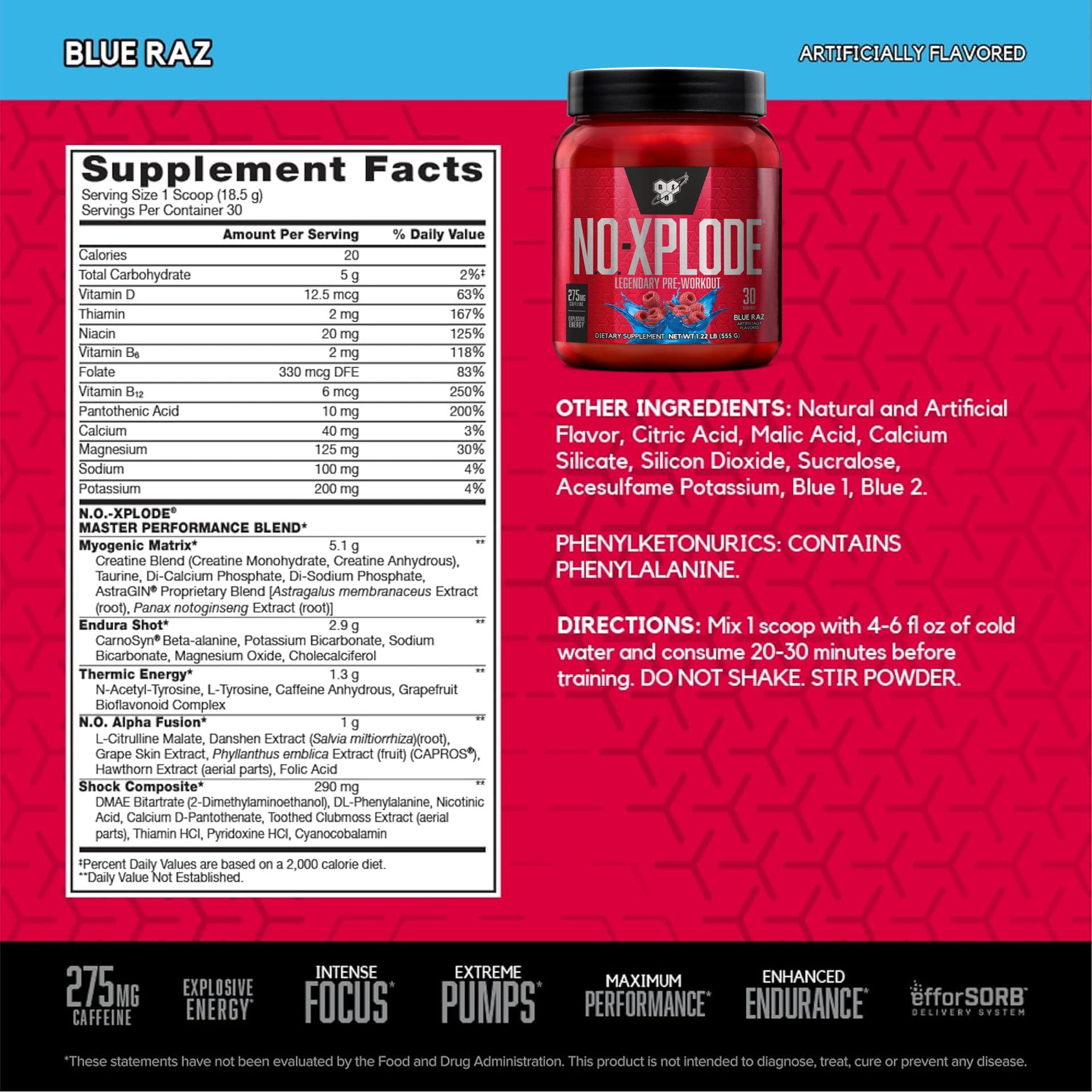 BSN BSN Workout Bundle of NO XPLODE Pre Workout Powder Blue Raz, 30 Servings AMINO X Muscle Recovery Intra Workout Support, Caffeine Free Blue Raz, 30 Servings