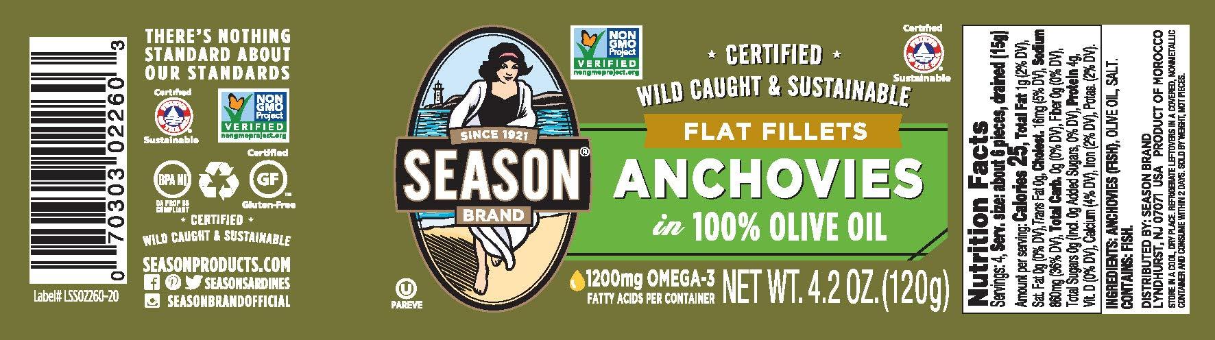 SEASON Season Anchovies in Olive Oil – Flat Anchovy Fillets, Wild Caught Fish, Keto Snacks, Canned Anchovies, Rich in B Vitamins, Low in Mercury, Kosher, Non-GMO, 600mg of Omega-3 – 4.2 Oz Glass Jar, 6-Pack