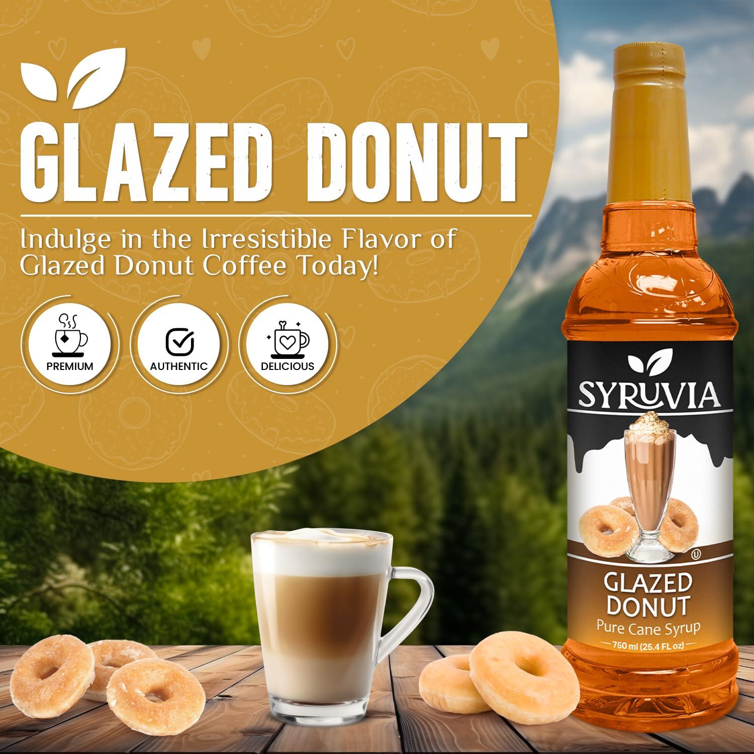 SYRUVIA Syruvia Glazed Donut Coffee Syrup - 25.4 fl oz Premium Coffee Flavoring Syrup - Kosher Coffee Syrups, Gluten Free, No Coloring, Perfect for Drinks, Soda, Shakes, Desserts, and More With Pump