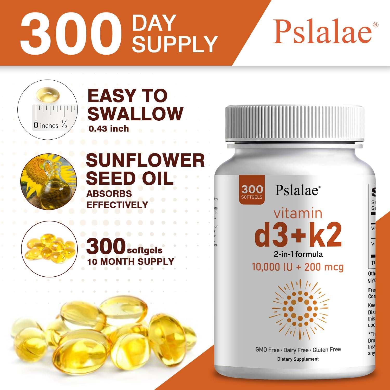 Pslalae Pslalae Vitamin D3 10000 Iu with K2 200 McgK2 Mk-7 with D3 Vitamin Supplement2 in 1 Support Immune, Heart, Joint, Teeth & Bone Health - Easy to Swallow,300 Softgel 2pack