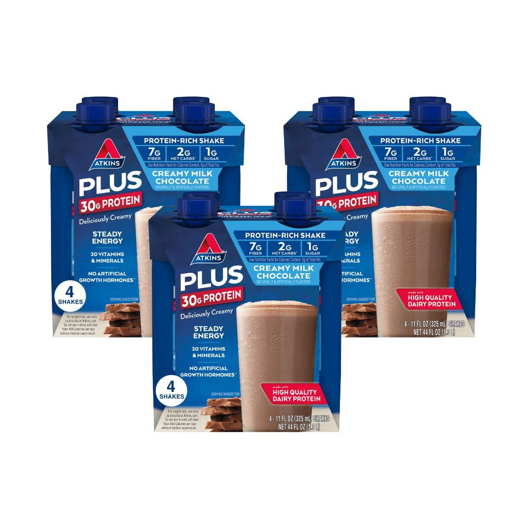 Atkins Atkins Dark Chocolate Royale Protein Shake & Creamy Milk Chocolate PLUS Protein Shake, 30g Protein, 7g Fiber, 2g Net Carb, 1g Sugar, Keto Friendly, Low Carb, High Protein Drink, 12 Count