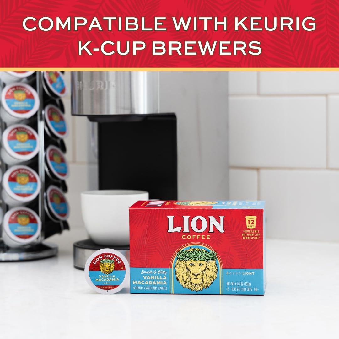Lion Coffee Lion Coffee Vanilla Macadamia Flavored Medium Roast Coffee, Single-Serve Coffee Pods, Compatible with Keurig Brewers, Hawaiian Inspired Taste - (12 Count Box)
