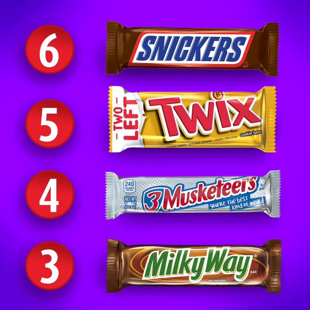Mars SNICKERS, TWIX, 3 MUSKETEERS & MILKY WAY Full Size Christmas Candy Chocolate Bar Variety Box, 18 Count