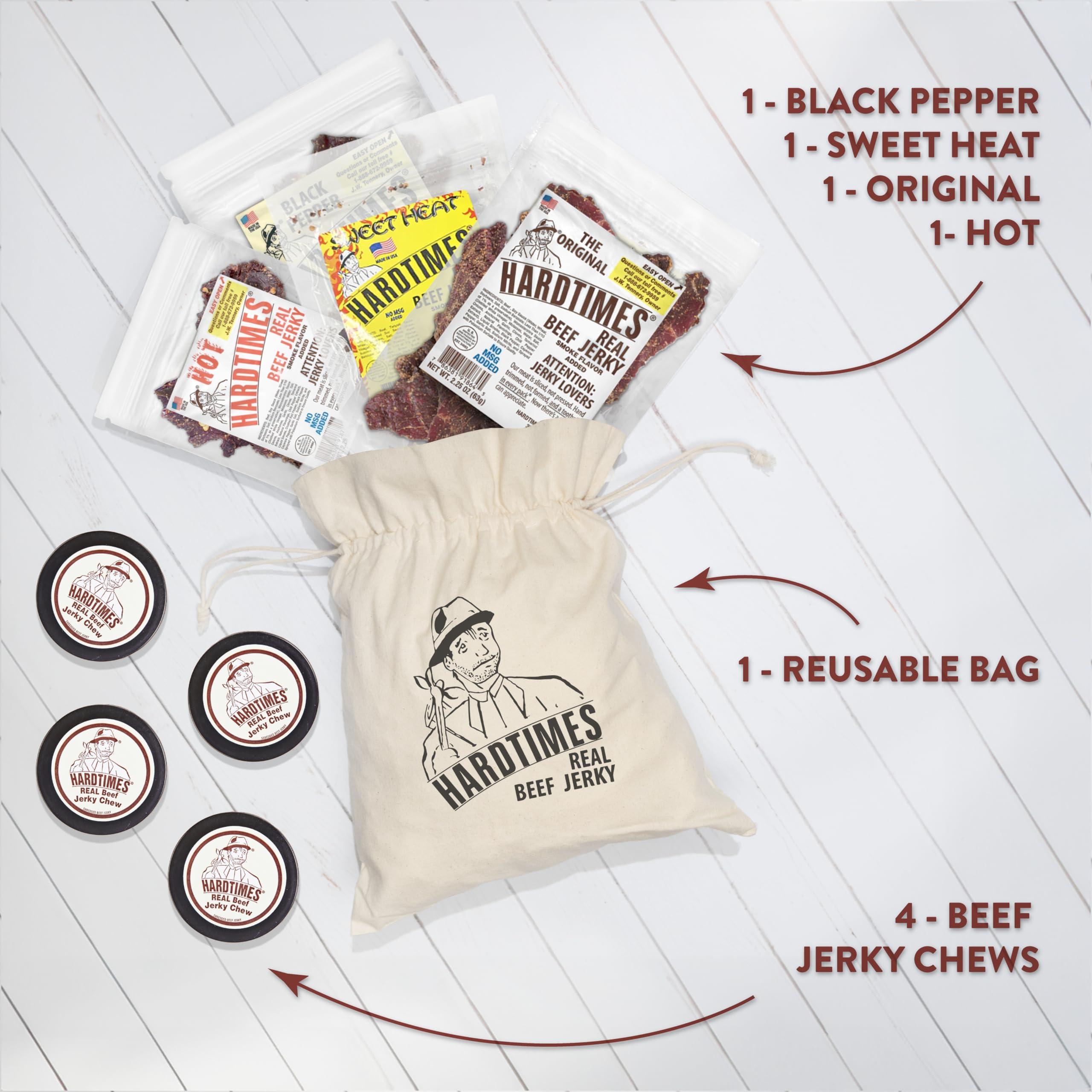 hardtimes Hardtimes Beef Jerky - Variety, Specialty Gift Bag - Great Gift for Father\'s Day, Holiday, & Birthday - 5 Pack of 2.25 oz Bags Original, Black Pepper, Hot, Teriyaki, & Sweet Heat - 4 Jerky Chews