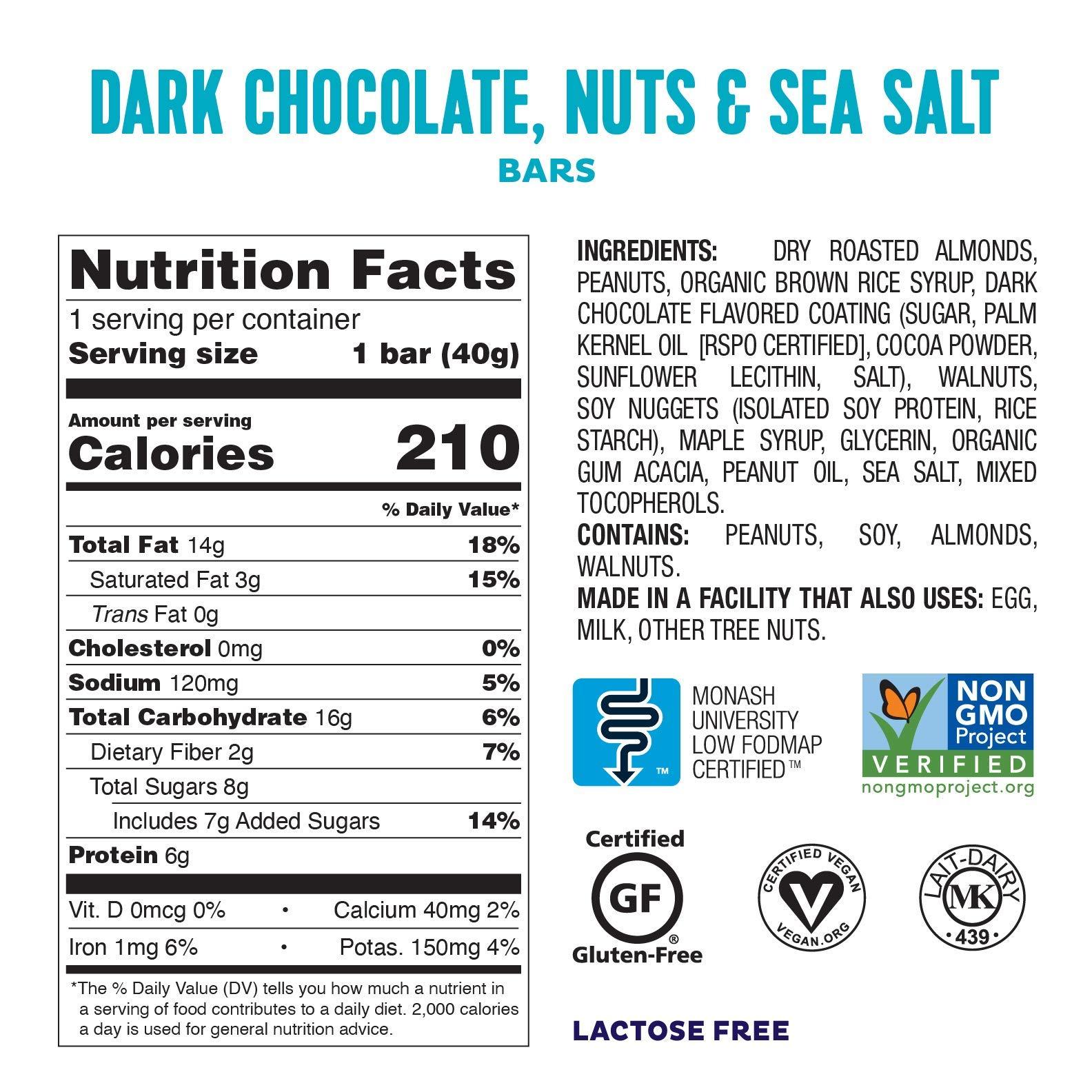 Fody Fody Foods Vegan Protein Nut Bars, Dark Chocolate Nuts and Sea Salt Flavor, 6g Protein per Bar, Low Fodmap Certified, Sensitive Recipe, Gut & IBS Friendly, 6 Count