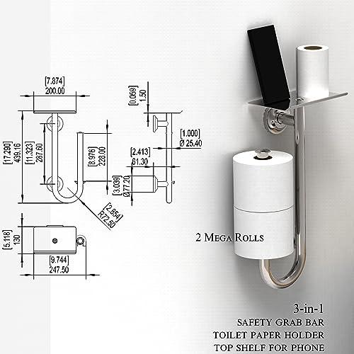AquaChase AquaChase 3-in-1 Toilet Safety Grab Bar with Built-in Tissue Paper Holder and Phone Shelf, for 2 Mega Rolls, 250lbs Weight Support When Mounted in Stud, White Right-Hand