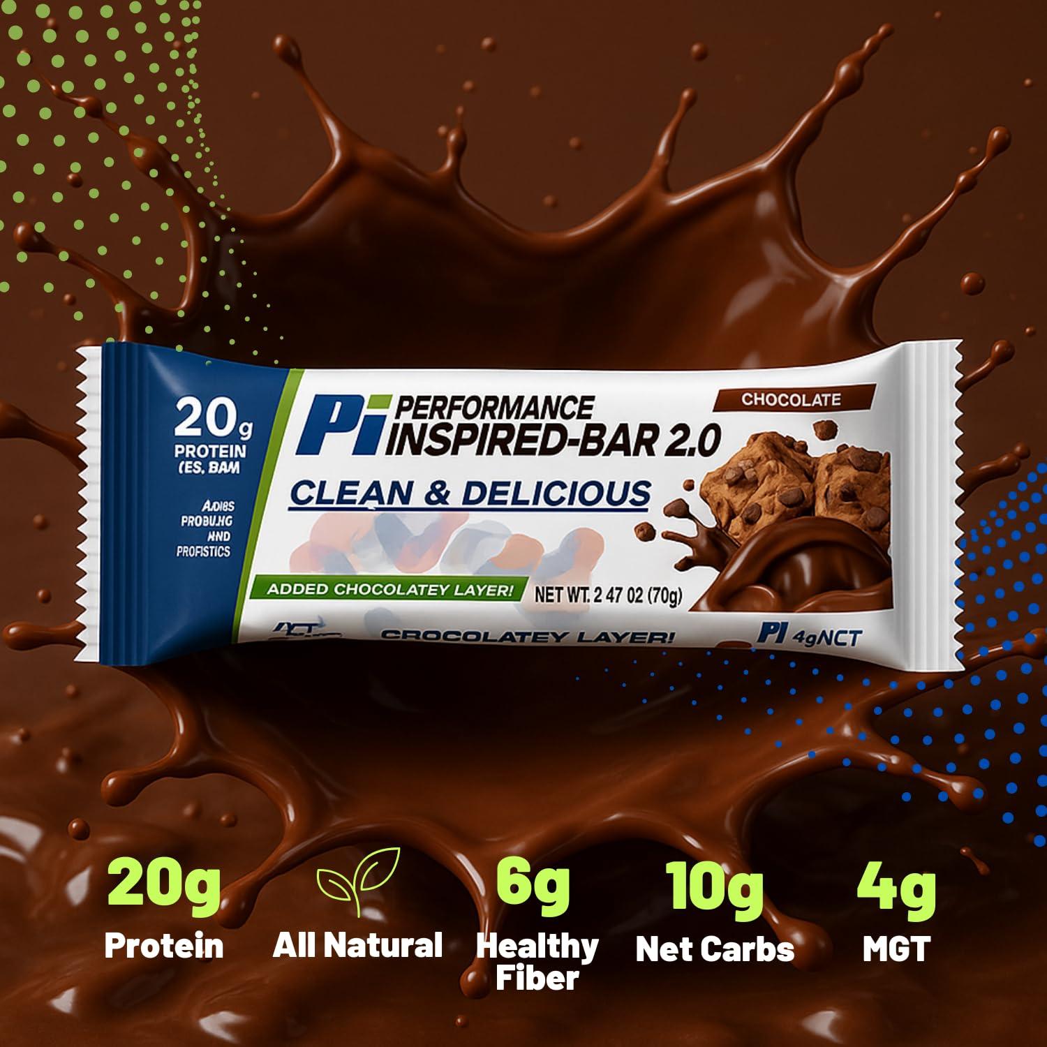 PERFORMANCE INSPIRED Performance Inspired Nutrition Protein Bar 2.0  20G Protein, 6G Fiber, 4G MCTs, 1 Billion CFU Probiotics  Gluten-Free  Chocolate Flavor  12 Count