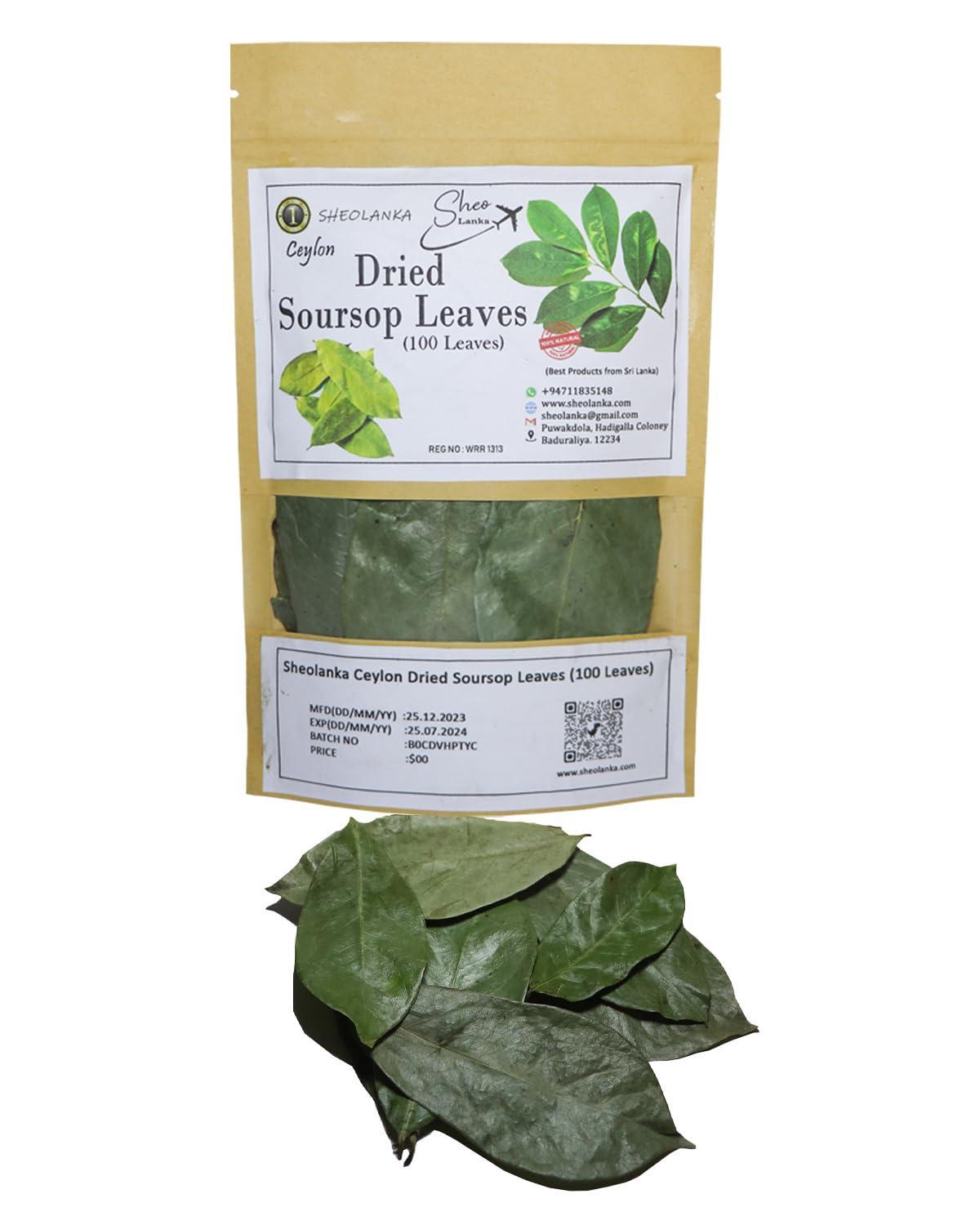 SHEOLANKA Dried Soursop Guanabana Graviola Guyabano (100 Leaves) Sugar/Caffeine/Gluten Free 100% Soursop Leaf by Sheolanka