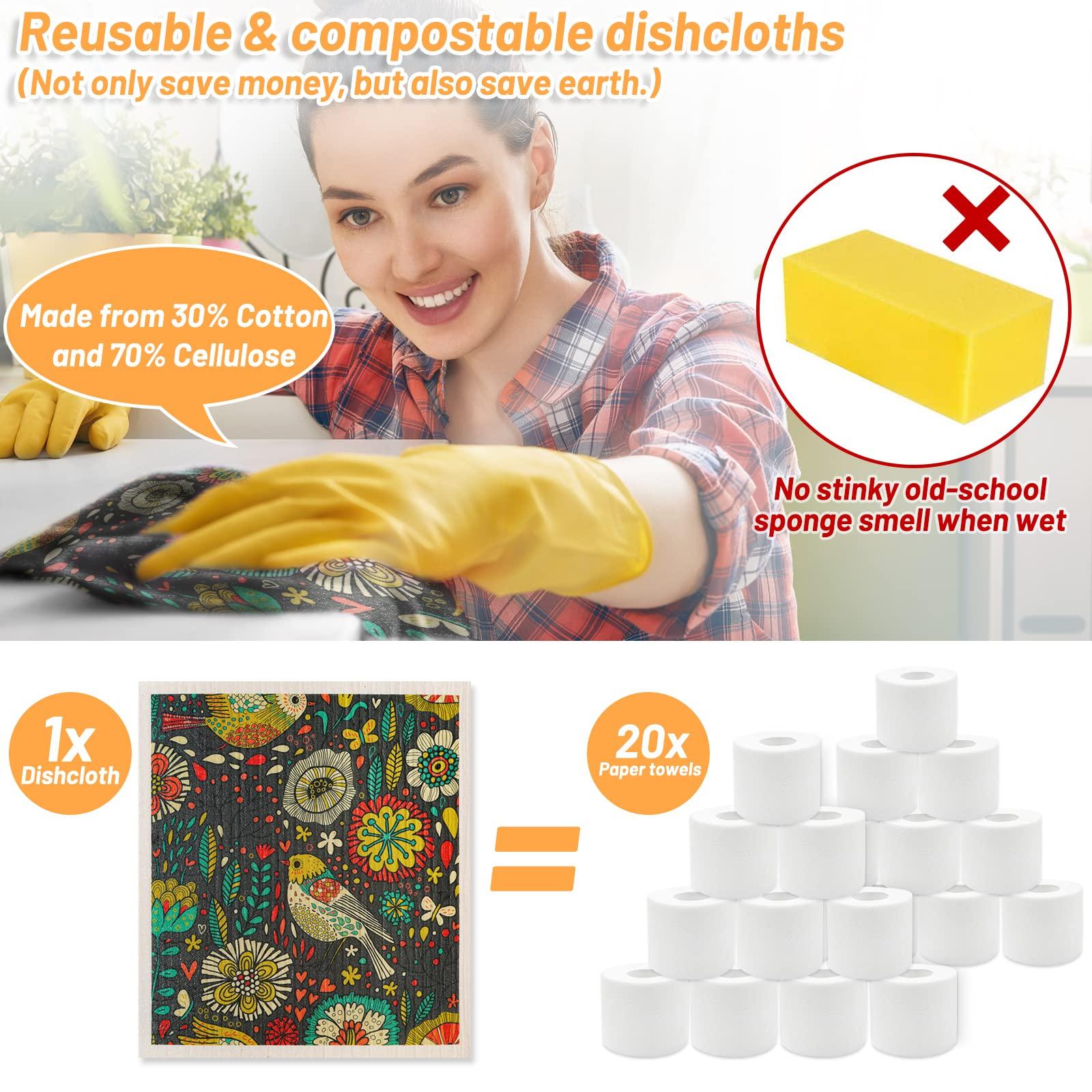 Lucomb Lucomb 8 Pack Swedish Dishcloths for Kitchen, Reusable Soft Kitchen Towels Dish Cloths Set Absorbent Sponge Cleaning Washable Quick Drying Bar Hand Washing (Birds Flowers)