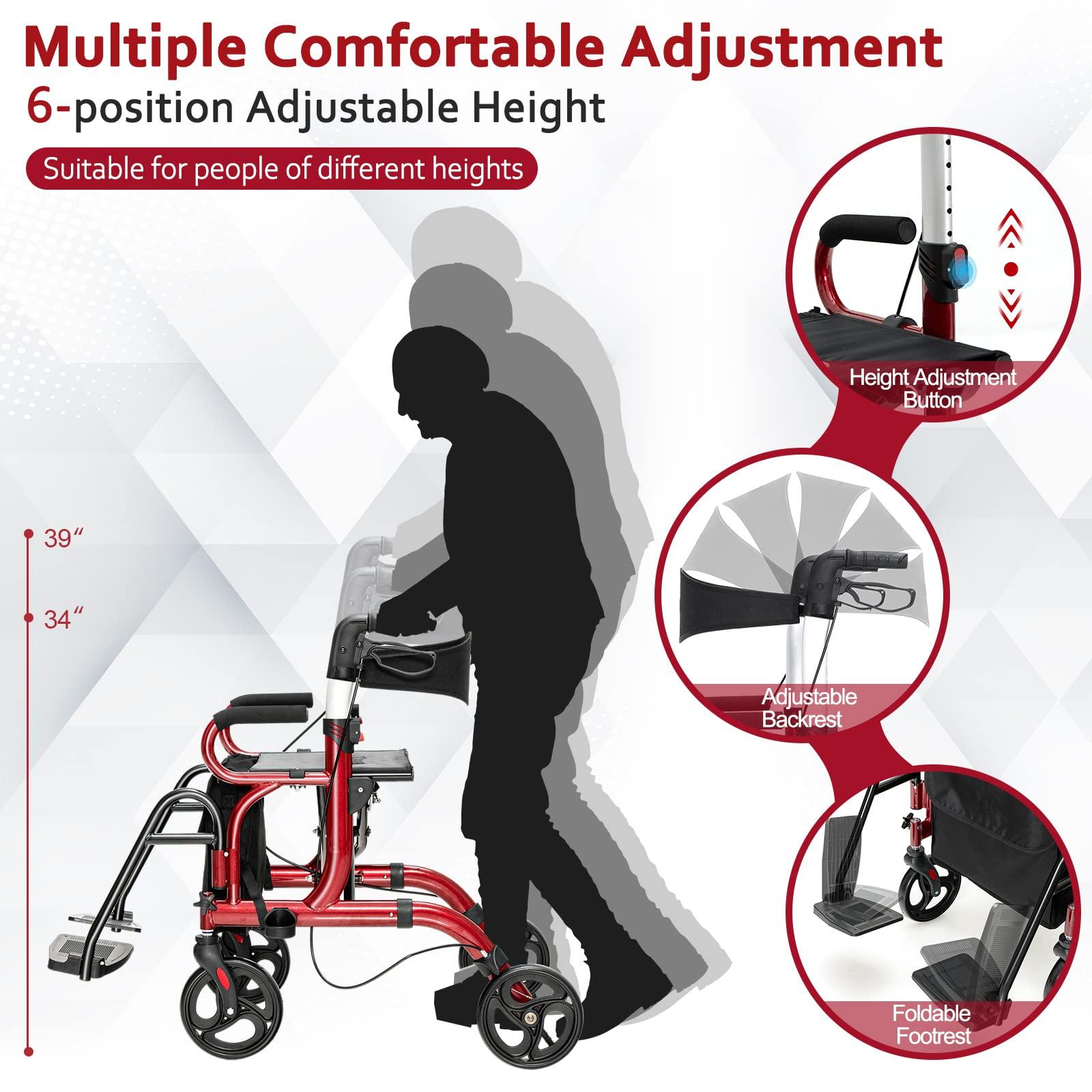 GOFLAME GOFLAME 2-in-1 Rollator Walker for Seniors, Folding Transport Chair with Seat, Reversible Backrest, Storage Bag, Height Adjustable Handle, Umbrella Holder & Pedal, 4 Wheel Mobility Walking Aid, Red
