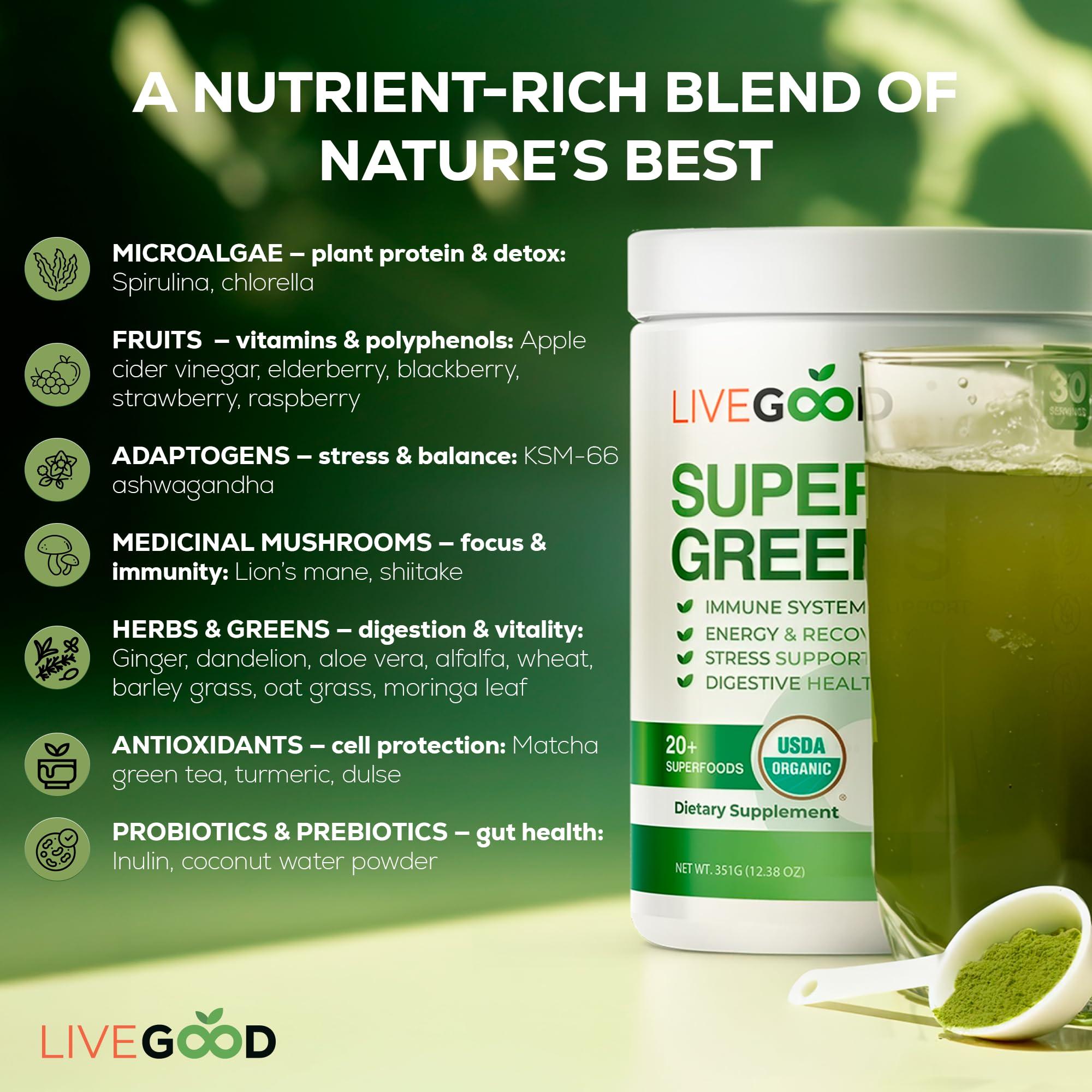 LIVEGOOD LIVEGOOD Organic Super Greens with Wheat, Barley, Oat Grass, Matcha Green Tea, Aloe Vera, Vegan, Gluten Free, 7.2 oz.