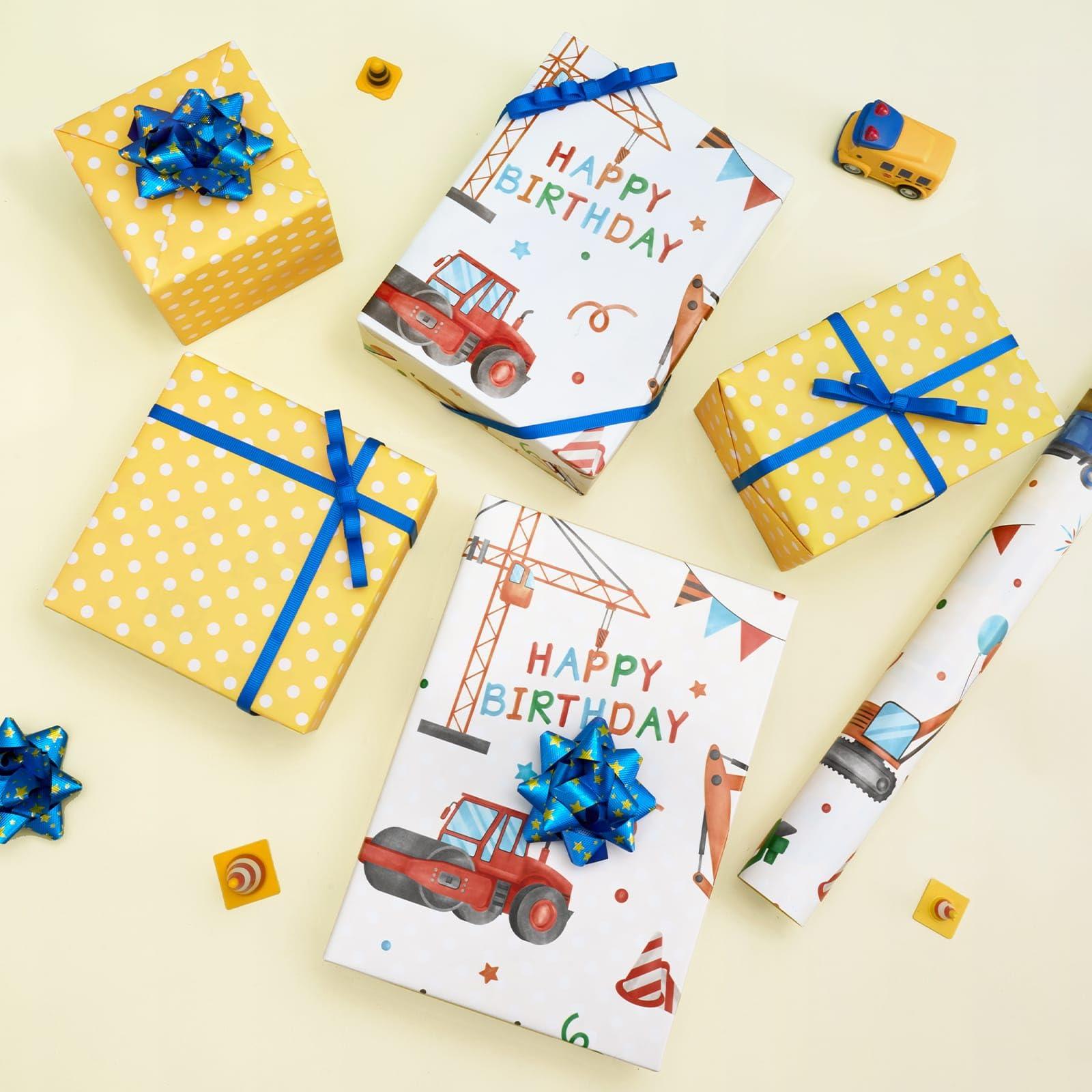 WERNNSAI WERNNSAI Construction Wrapping Paper - 1 Roll 17 x 33 ft Reversible Truck Wrapping Paper Roll Ink Jumbo Roll Birthday Wrapping Paper Roll Kids Boys Construction Party Favor Gift Wrap Polka Dot Design