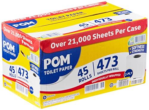 POM POM Pom Embossed 2-ply Toilet Paper, White, 45 Rolls, 473 Sheets