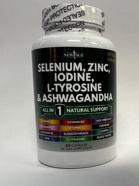 NEW AGE Selenium, Zinc, Iodine, L Tyrosine, Ashwagandha - Thyroid Support Supplement for Women and Men with Bladderwrack, Turmeric, Silica Kelp, Schisandra - 60 Count