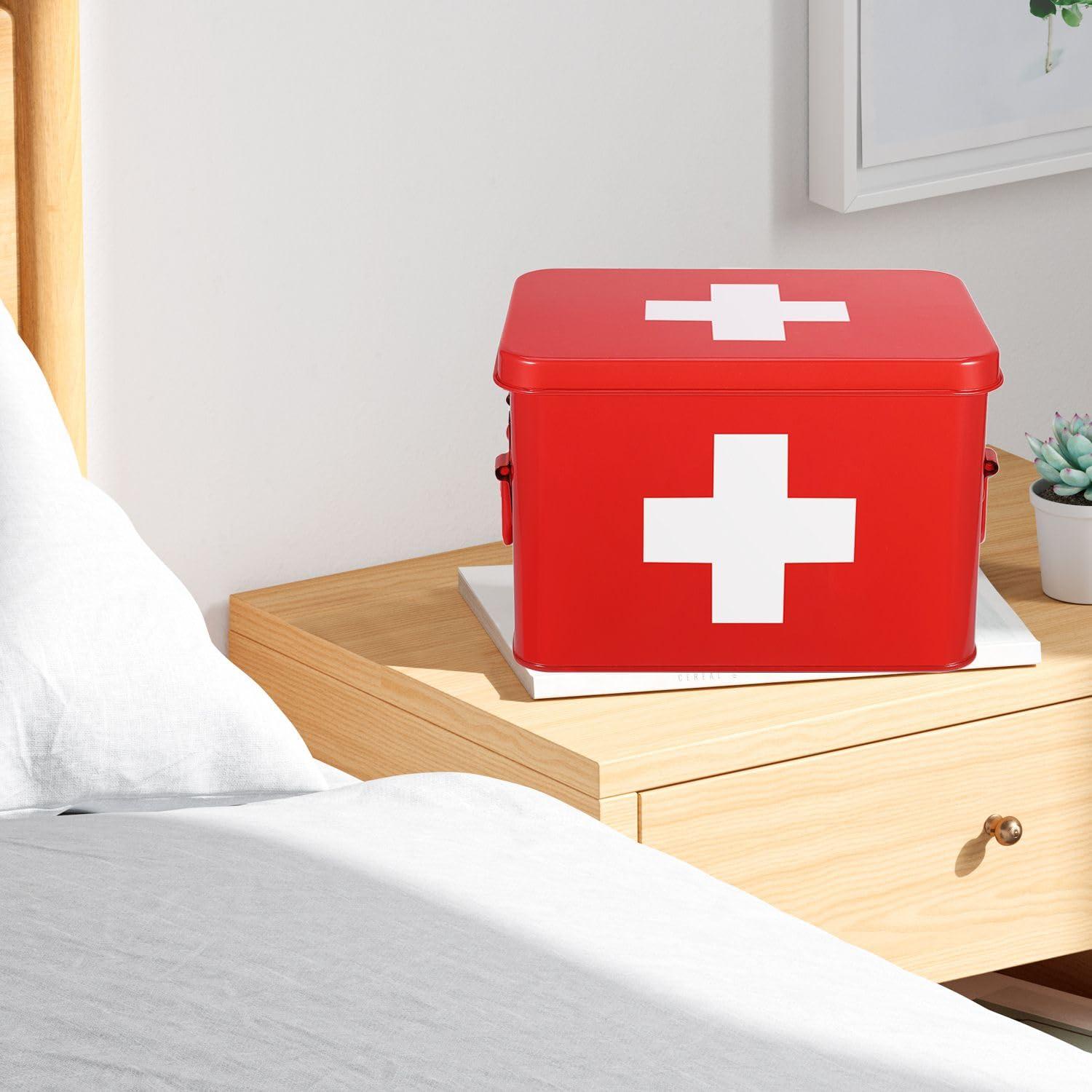 Flexzion Flexzion First Aid Box Organizer, Empty 8.5 Inch Red Vintage First Aid Kit Tin Metal Medical Box First Aid Storage Box Container Bins with Dividers, Removable Tray and Cross Logo