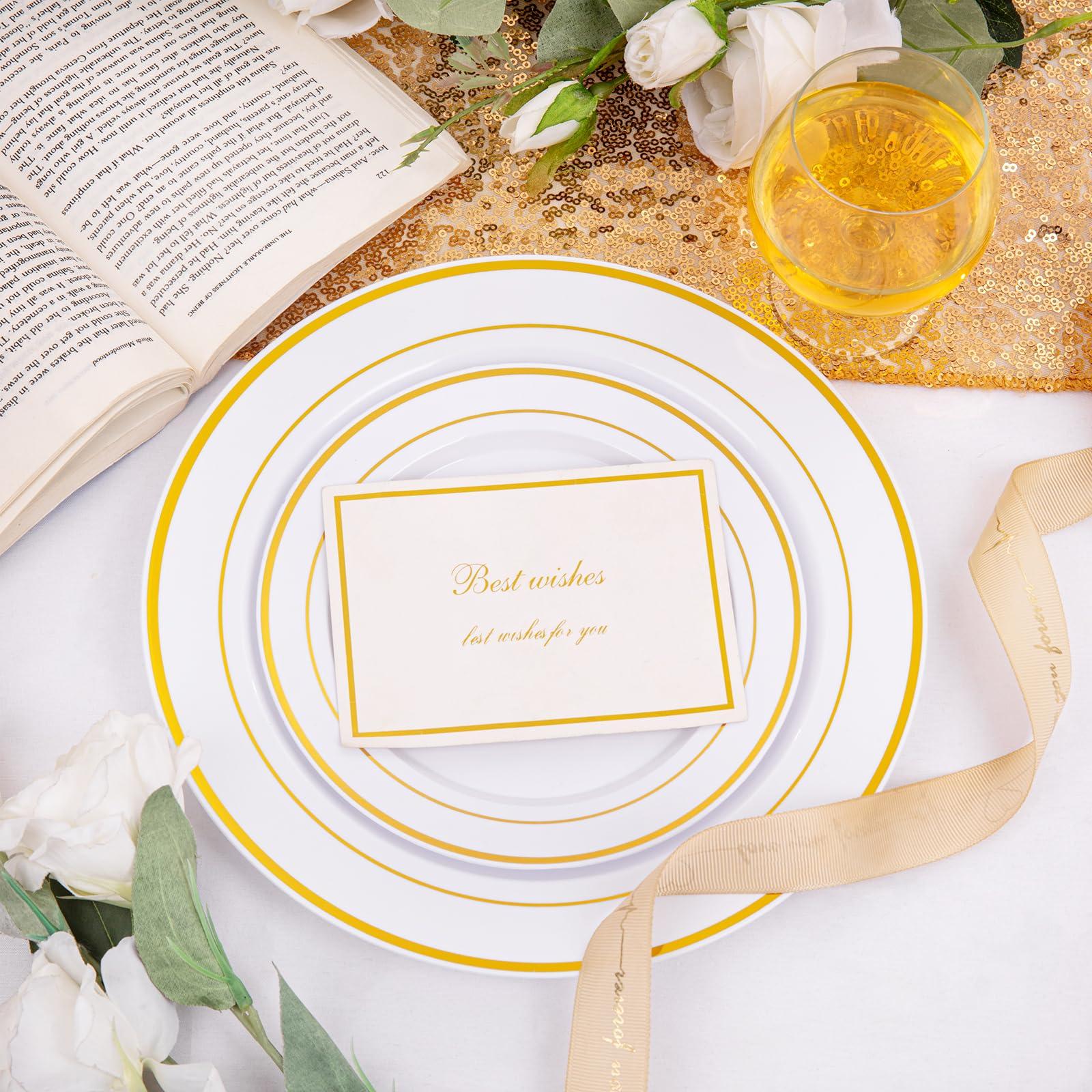 I00000 200 Pcs Gold Plastic Plates - Disposable Party Plates, Gold Plates Disposable Include 100 Dinner Plates and 100 Elegant Dessert Plates, Plastic Plates for Party, Holiday, Wedding & Birthday