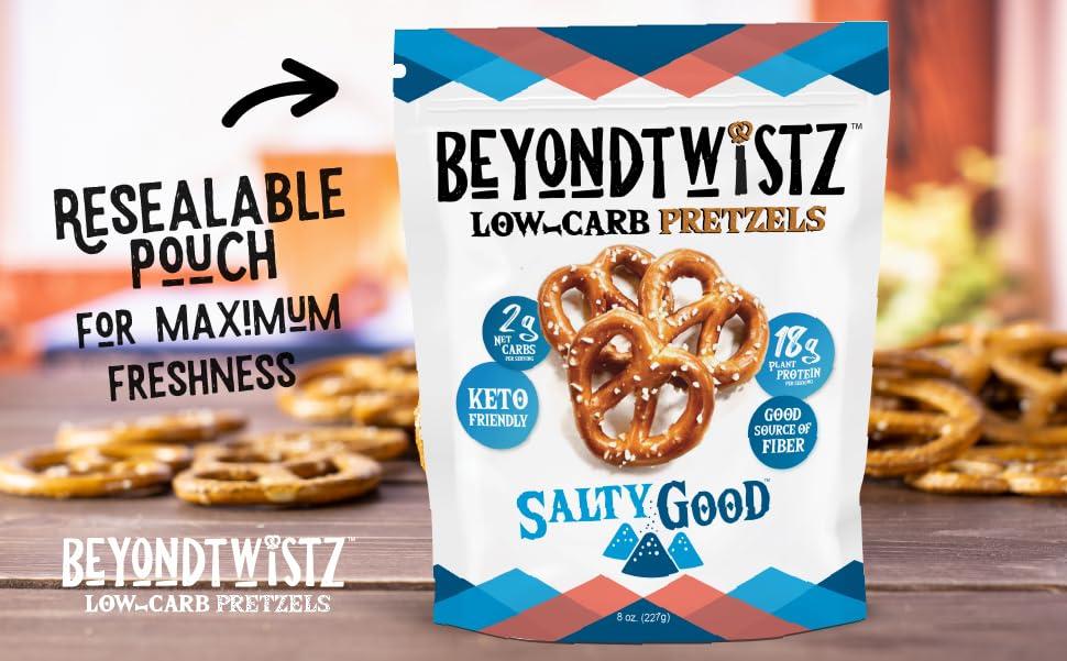 BeyondChipz BeyondTwistz Low Carb Pretzels, Sour Cream and Onion, Keto Friendly, 2g Net Carbs, 18g Protein, Powered By HealthSense High Fiber Wheat Flour, Family Size 8oz Bag, Pack of 1