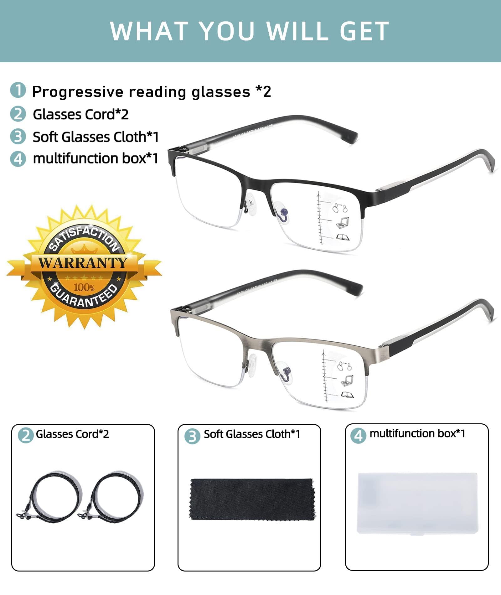 SUNAMOY Multifocus Reading Glasses Men Progressive Multifocal Blue Light Computer Reader Half Frame Metal Extra Wide Eyeglasses No Line Bifocals Large Designer Cheaters Transition Square Eyewear 2packs 1.25