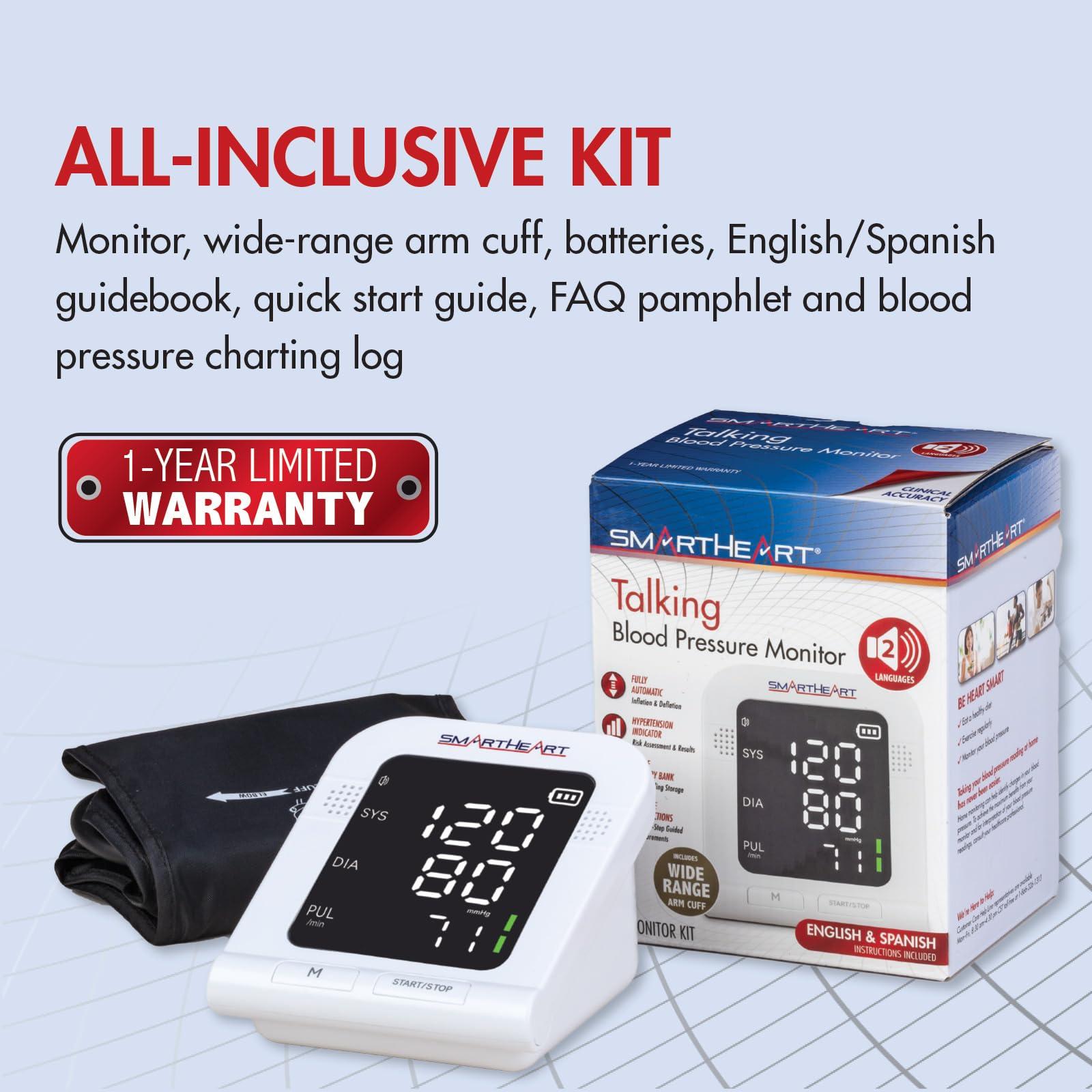 Heartsmart SmartHeart Blood Pressure Monitor | Wide-Range Upper Arm Cuff | Talking English Spanish Audible Instructions and Results | 199-Reading Memory