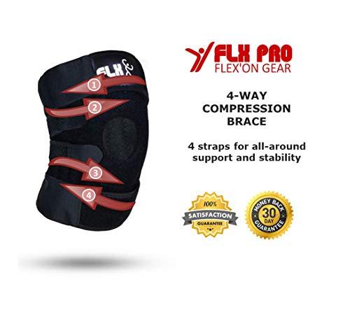 FLX Flex'on Gear Knee Brace Support Compression Wrap Sleeve Patella Stabilizer 4 Strap Flexible Adjustable for Arthritis Tendonitis Pain, Meniscus Tear ACL LCL MCL Sprain Injury ML & Plus Size 1X-3X (Man Men Women)