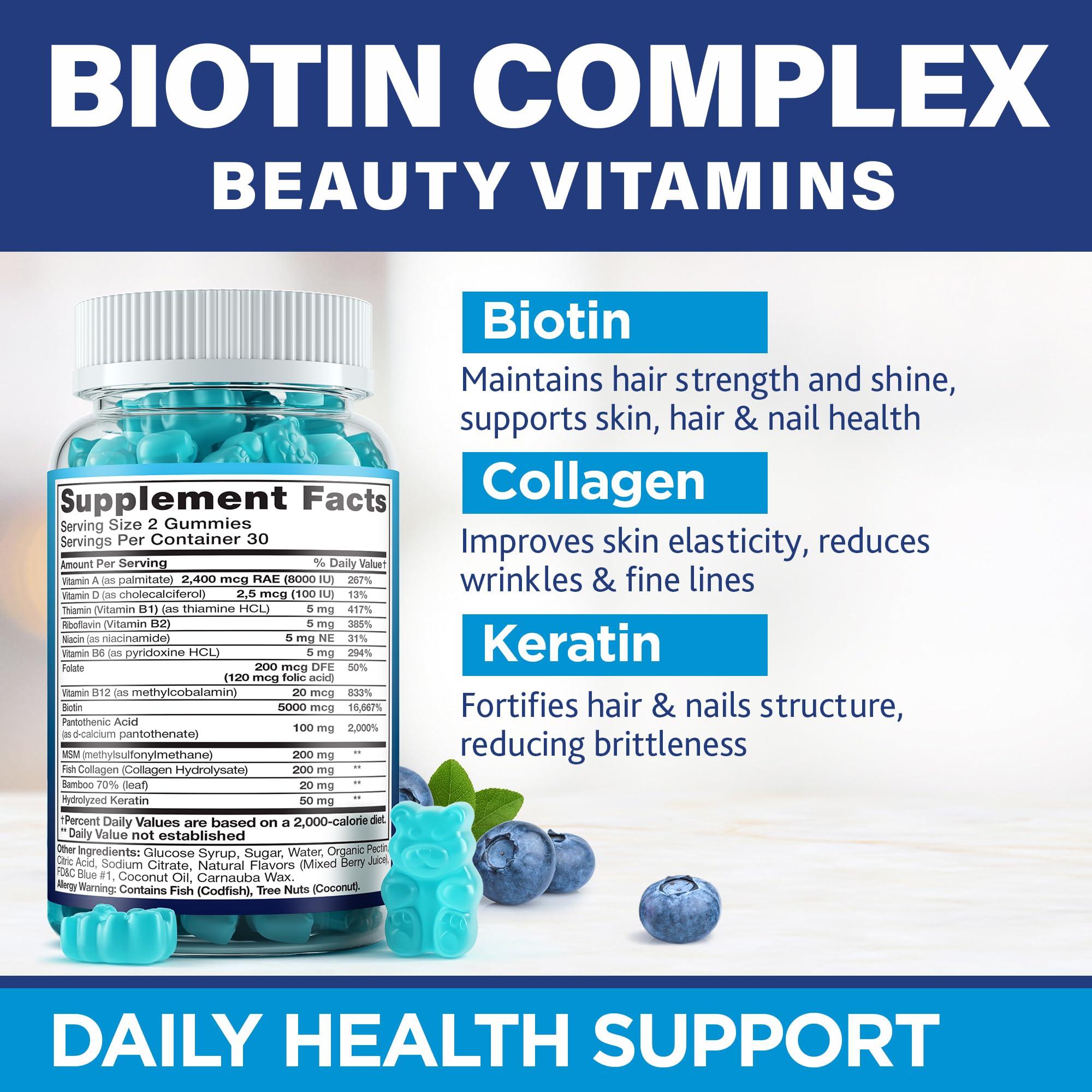 MOREX VITAMINS Hair Vitamins Natural Gummies - Biotin Multivitamin for Hair, Skin & Nails with Collagen & Keratin - Anti Aging Collagen Gummy Vitamins for Men & Women - Hair & Nail Growth Gummies - 60psc