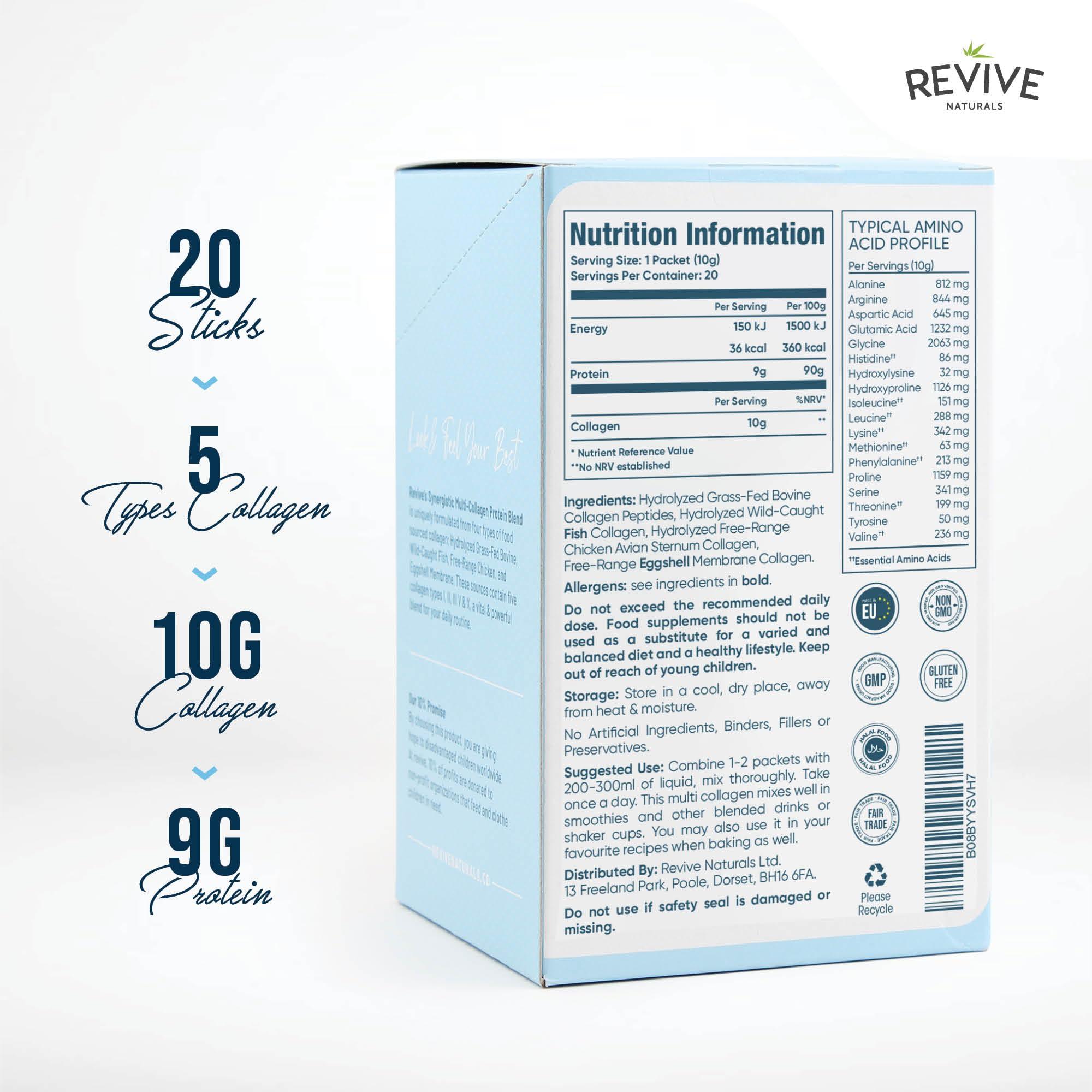 Revive Naturals Multi Collagen Protein Powder Packets - Types I, II, III, V & X - Hydrolyzed Grass Fed Bovine, Wild Caught Fish, & Free-Range Chicken & Eggshell Collagen. Non-GMO, Halal, (10g Each, 20 Packets)