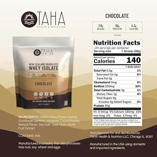 Taha Health & Nutrition Taha Health & Nutrition Chocolate Whey Protein Isolate Powder, 30g Protein, 7.9g BCAAs, 4.3g Leucine | New Zealand Free-Range, Grass-Fed Dairy | Gluten-Free, Keto, Kosher | 2LB, ~24 Servings