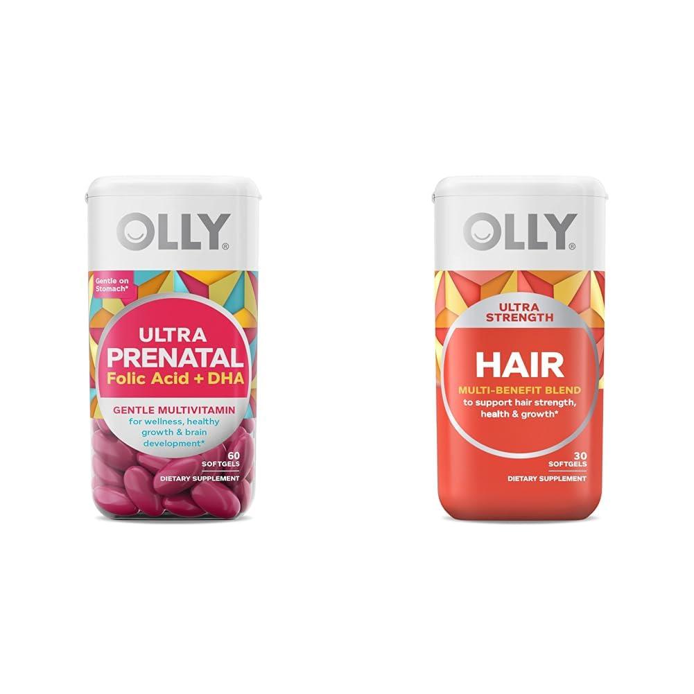 OLLY OLLY Ultra Strength Prenatal Multivitamin Softgels, Supports Healthy Growth, Brain Development & Ultra Strength Hair Softgels, Supports Hair Health, Biotin, Keratin, Vitamin D, B12