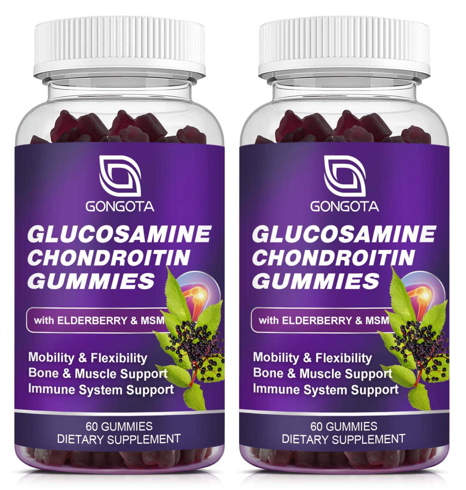 GONGOTA Glucosamine Chondroitin Gummies - 2- Pack, Extra Strength 1500mg Glucosamine with MSM & Elderberry, Joint Support Supplement, Best Cartilage & Immune Support Supplement for Men and Women - 120 count