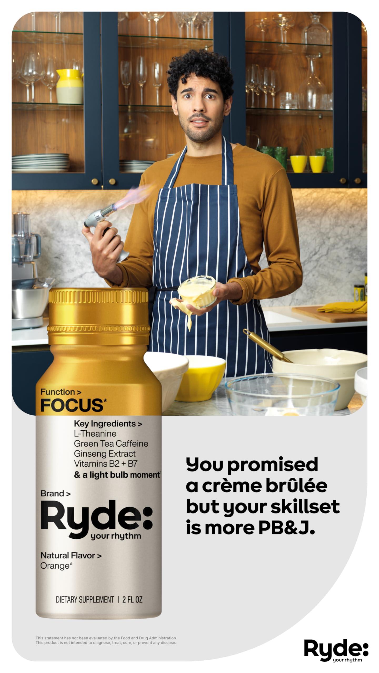 RYDE Ryde: Focus Shot | Orange Flavor | L-Theanine & Ginseng | Green Tea Caffeine | Vitamins B2 & B7 | 0 Calories, 0 Sugar | 2 FL OZ Shots | Supports Focus* (8 Pack)