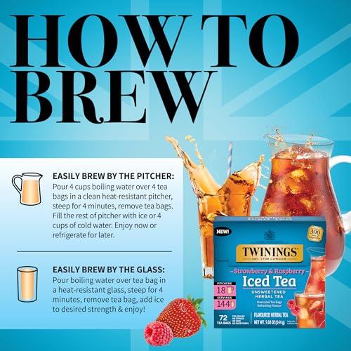 Twinings Twinings NEW Strawberry & Raspberry Herbal Iced Tea, 72 Deliciously Unsweetened Tea Bags, Makes 18 Pitchers or 144 Servings, Caffeine-Free, 72 Count (Pack of 1)