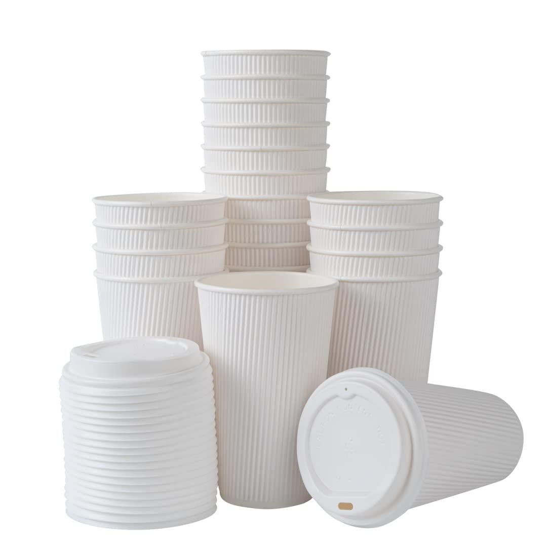 Restaurantware Restaurantware-16 Ounce Insulated Coffee Cups With Lids, 20 Ripple Wall Hot Cups With Lids - Leakproof, Non-Slip, White Paper Coffee Cups, Disposable, For Teas, Hot Cocoas, Or Lattes
