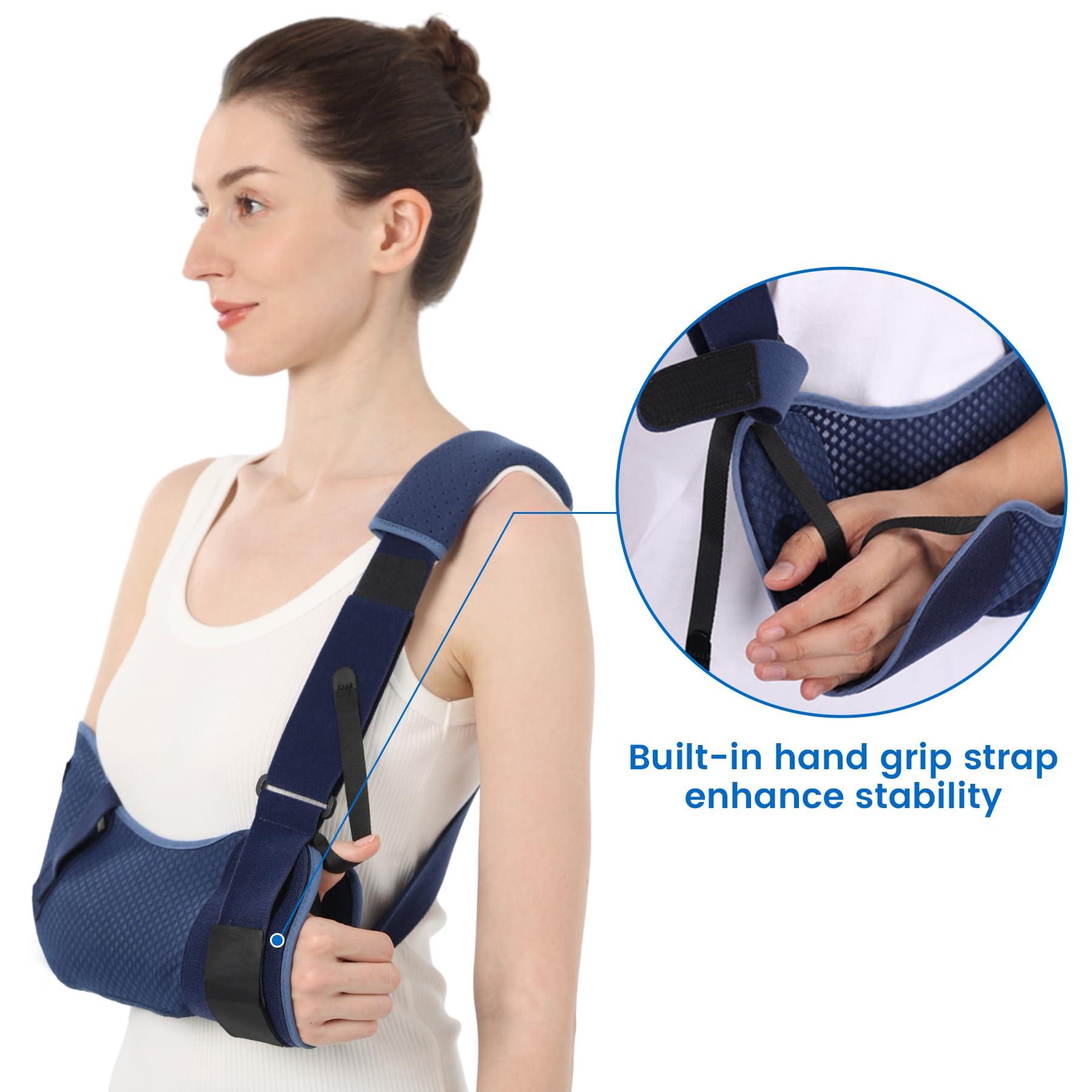 Velpeau Velpeau Arm Sling Shoulder Immobilizer with Waist Strap, Ventilated & Breathable Design, Arm Support Brace for Shoulder, Rotator Cuff, Elbow, Hand injury (Mesh Version, Blue, Right, L: Bust 40-51)