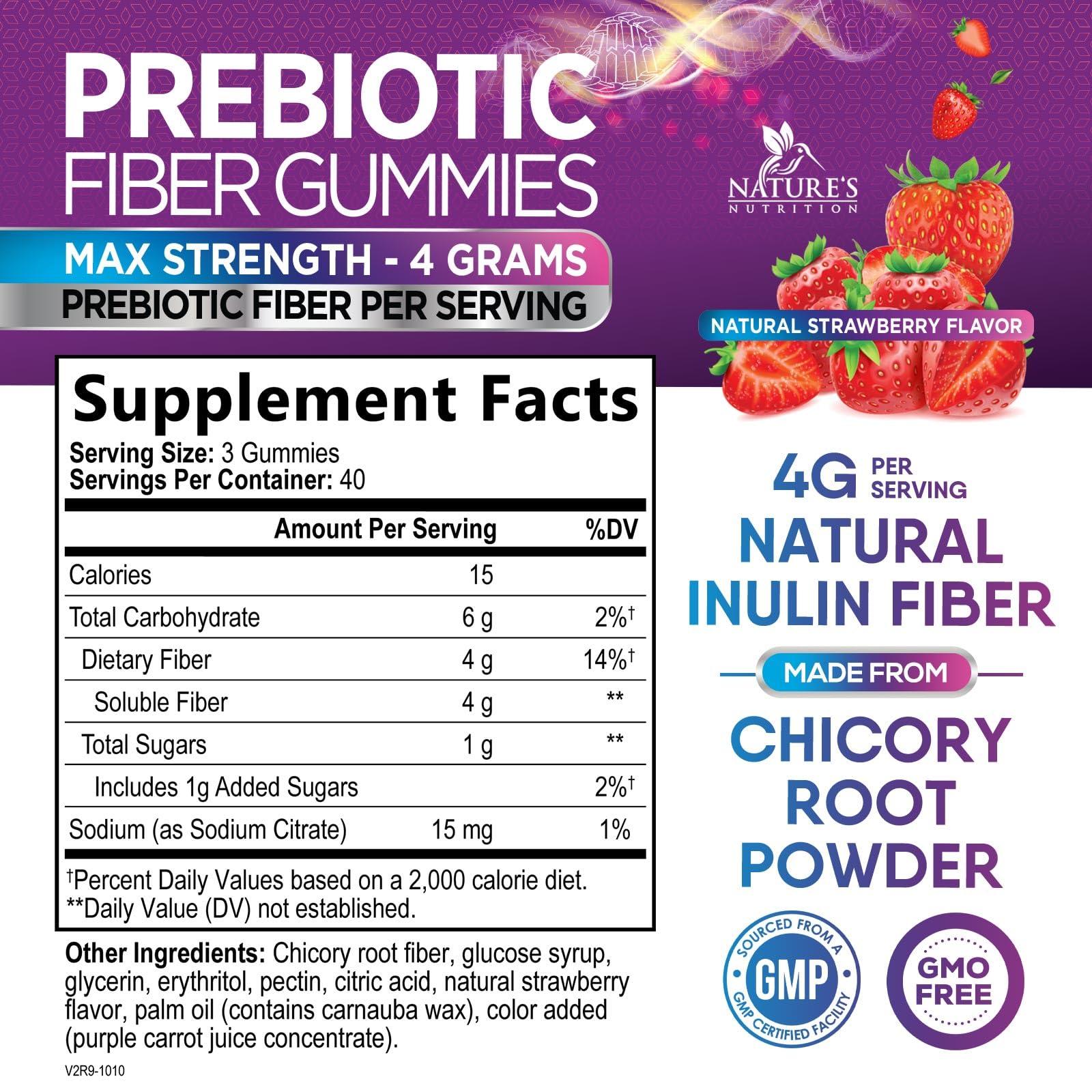 Nature's Nutrition Fiber Gummies for Adults, Daily 4g Gummy Fiber Supplement, Prebiotic Digestive Health Support - Plant Based Soluble Fiber, Supports Regularity & Digestion for Adults Non-GMO - 120 Gummies