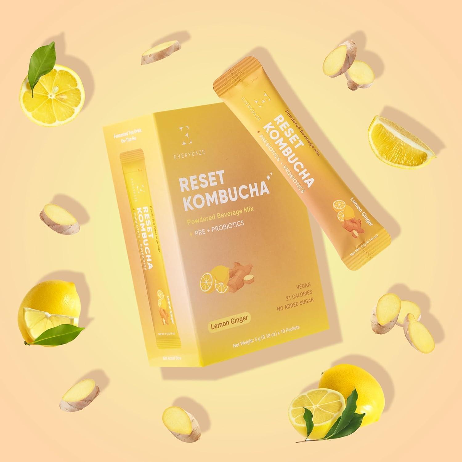 E EVERYDAZE Everydaze Reset Kombucha Tea Powdered Beverage Mix | 10 Sticks | Prebiotics + Probiotics | Vegan | No Added Sugar, Gluten Free, Sparkling Powder Drink Pack (Lemon Ginger)