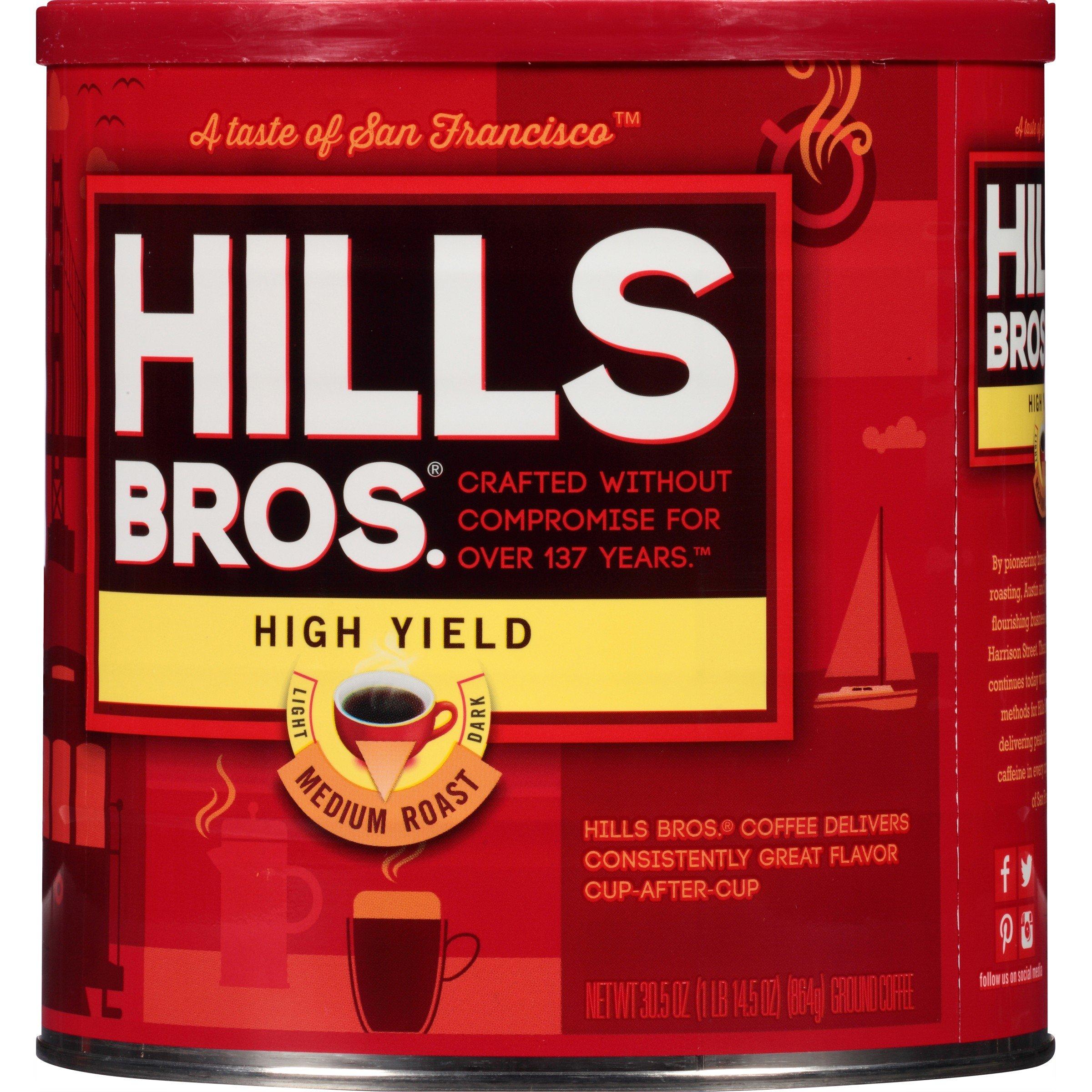 Hills Bros Hills Bros High Yield Ground Coffee, Medium Roast, 30.5 Oz. Can – Full-Bodied Rich Coffee Taste, Balanced for Optimum Caffeine