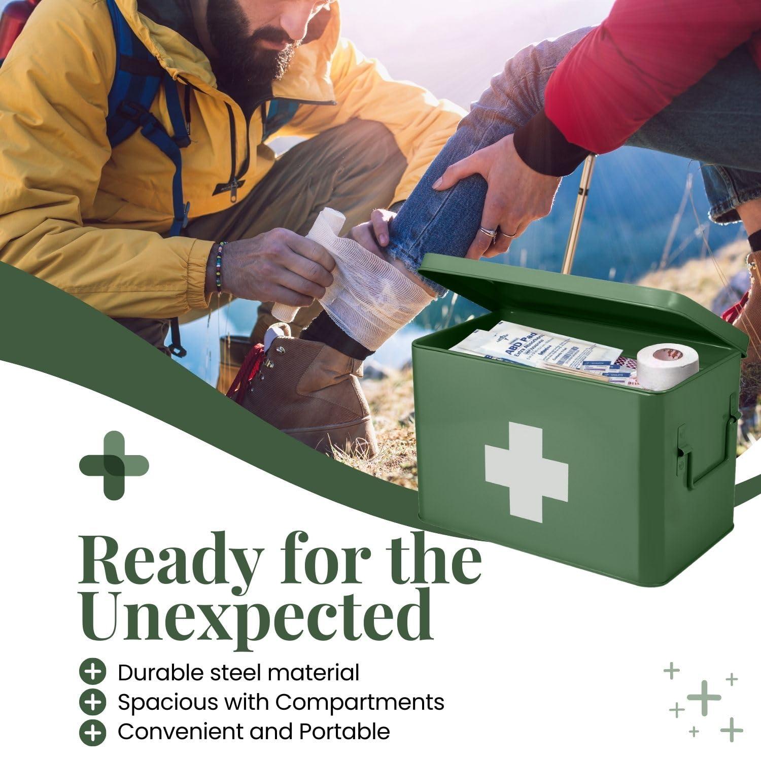 Flexzion Flexzion First Aid Box Organizer - Empty 13\" Green Vintage First Aid Kit Tin Metal Medical Box - First Aid Storage Box Container Bins with Dividers, Removable Tray and White Cross Logo