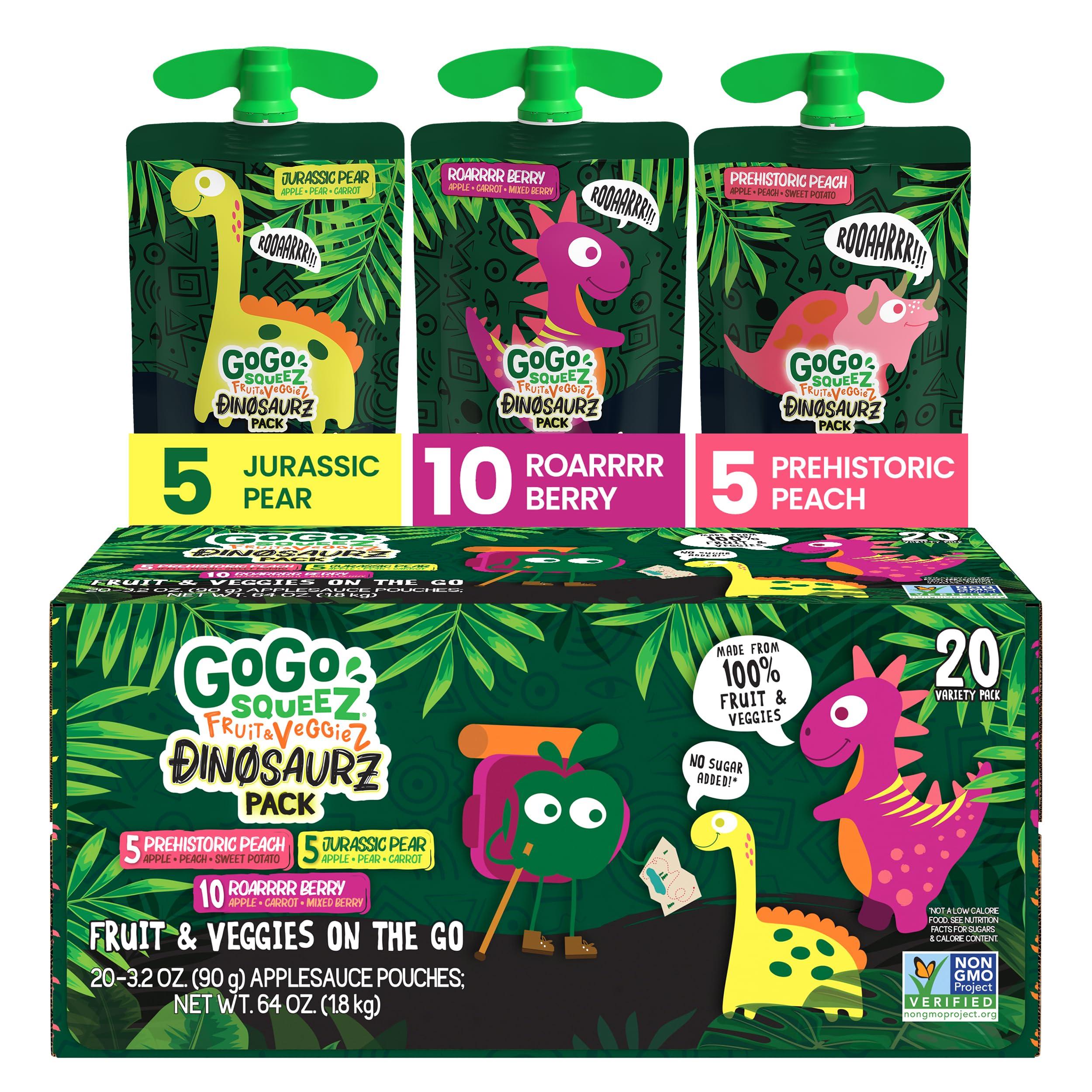 GoGo SqueeZ GoGo squeeZ Fruit & veggieZ Applesauce and Puree Variety Pack, Jurassic Pear, Roarrrr Berry & Prehistoric Peach, 3.2 oz (Pack of 20), Unsweetened Snacks for Kids, BPA Free Pouches