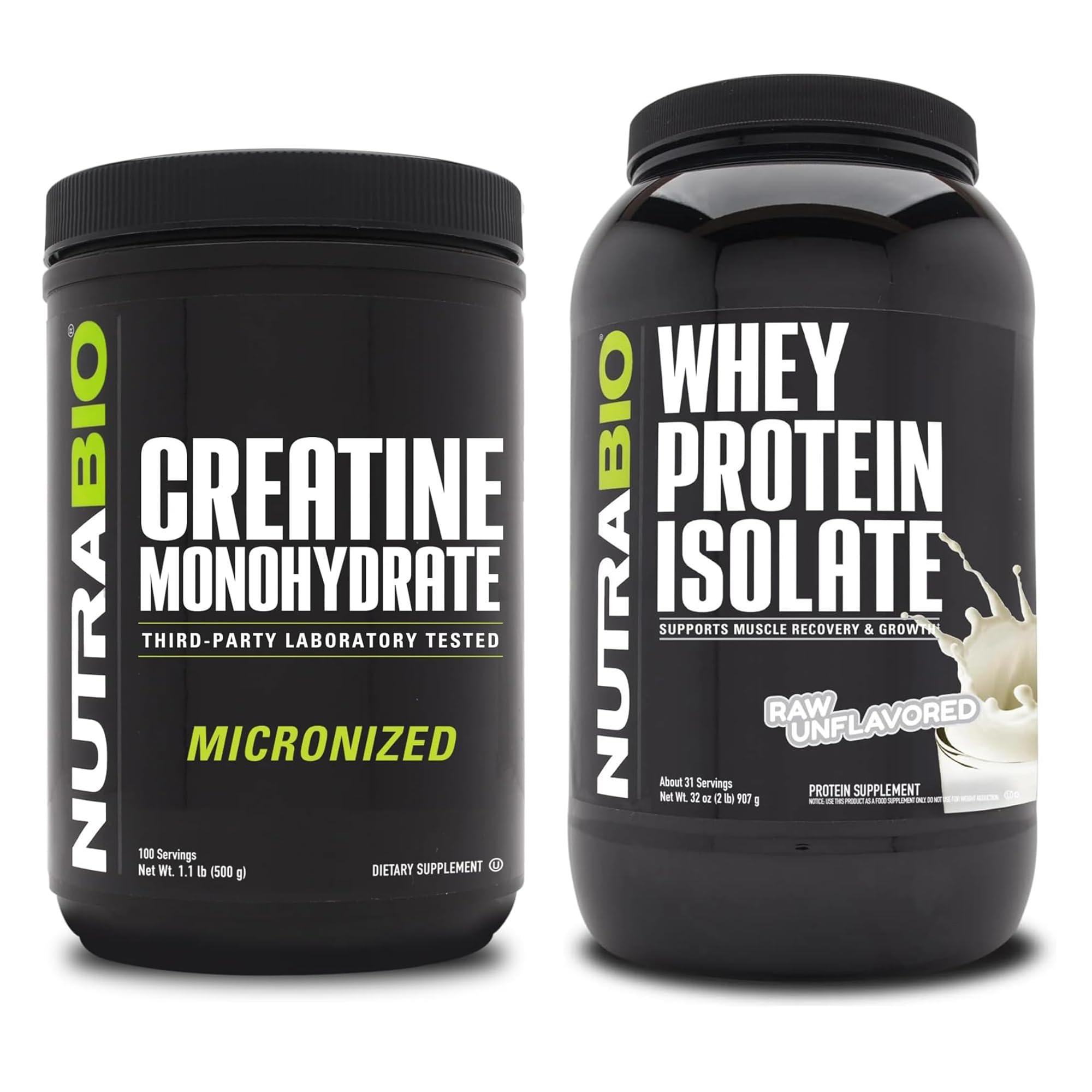 NutraBio NutraBio Creatine Monohydrate, Unflavored, 500g and Whey Protein Isolate, Unflavored, Supplement Bundle - Muscle Energy, Lean Muscle Growth, Recovery, and Strength