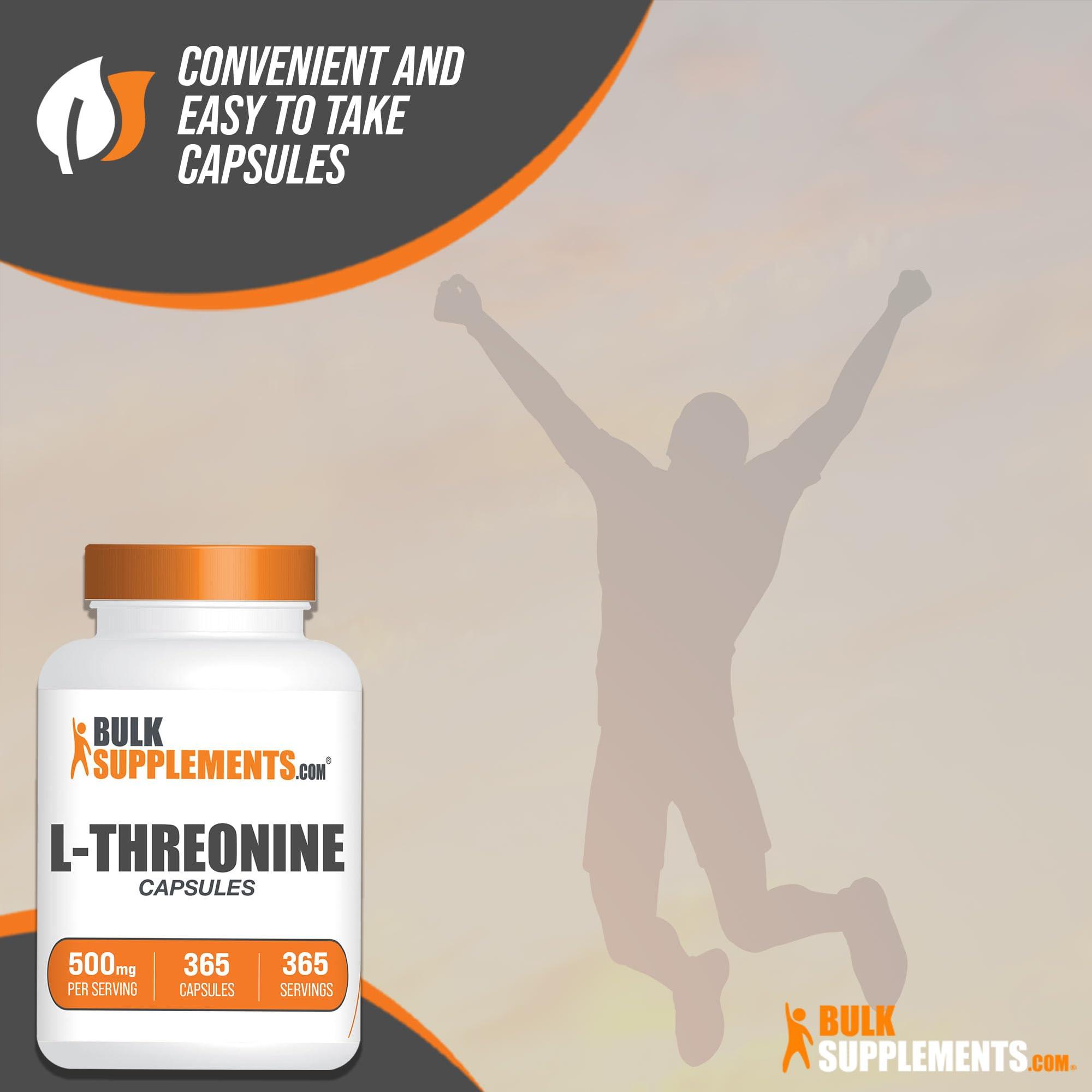 BULKSUPPLEMENTS.COM BulkSupplements.com L-Threonine Capsules - L-Threonine Supplement, Threonine 500mg - Amino Acid Supplement, Gluten Free, 1 Capsule per Serving, 365 Capsules (Pack of 1)